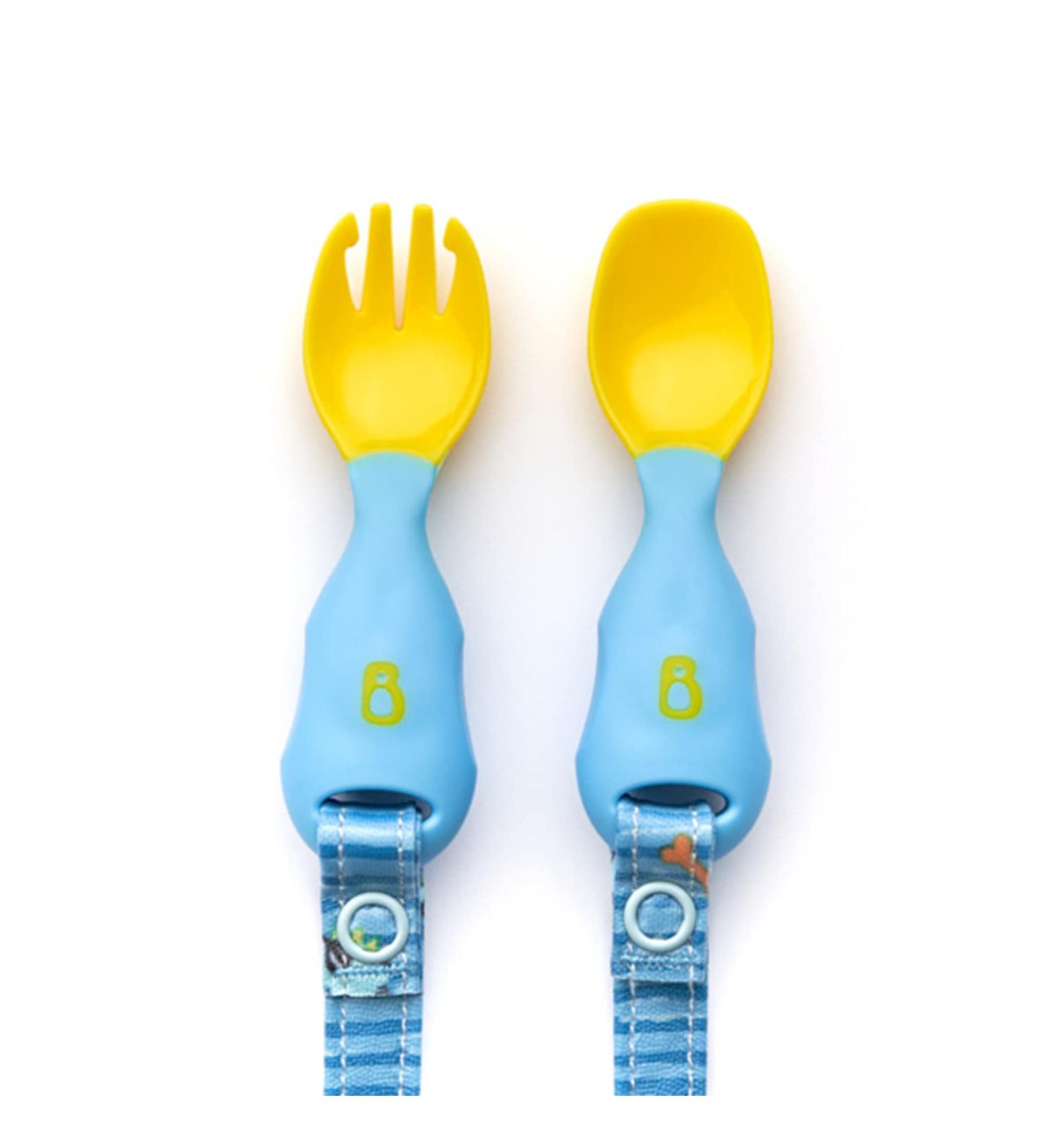 BIBaDO Handi Toddler Cutlery Set - Food Safe Baby Fork and Spoon Set | Utensils for Babies 6 Months+ | Attaches to BIBaDO Coverall Bib | Speedy Dinos - Buy Online on GoSupps.com