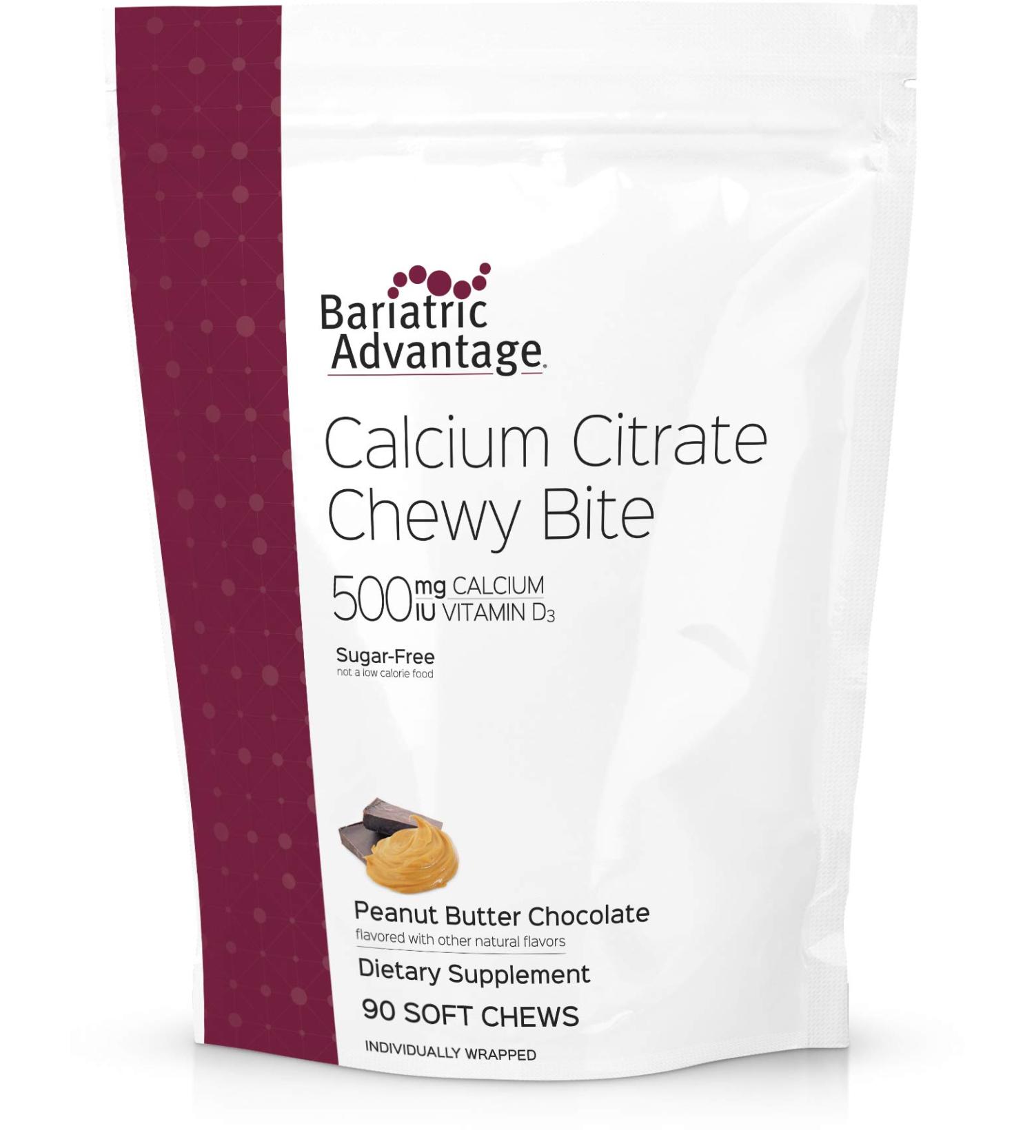 Bariatric Advantage Calcium Citrate Chewy Bites 500mg with Vitamin D3 - Peanut Butter Chocolate 90 Count - Sugar Free for Gastric Bypass & Sleeve Gastrectomy Patients - Buy Online on GoSupps.com