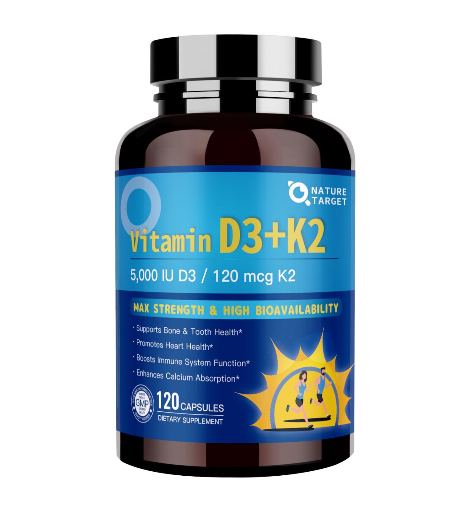 NATURE TARGET Vitamin D3 K2 with Calcium & Magnesium - 6-in-1 Complex - Max Strength for Bone, Heart & Immune - 5000 IU Vitamin D3, 120 mcg K2, Gluten-Free, 120 Servings 120 Count (Pack of 1) - Buy Online on GoSupps.com