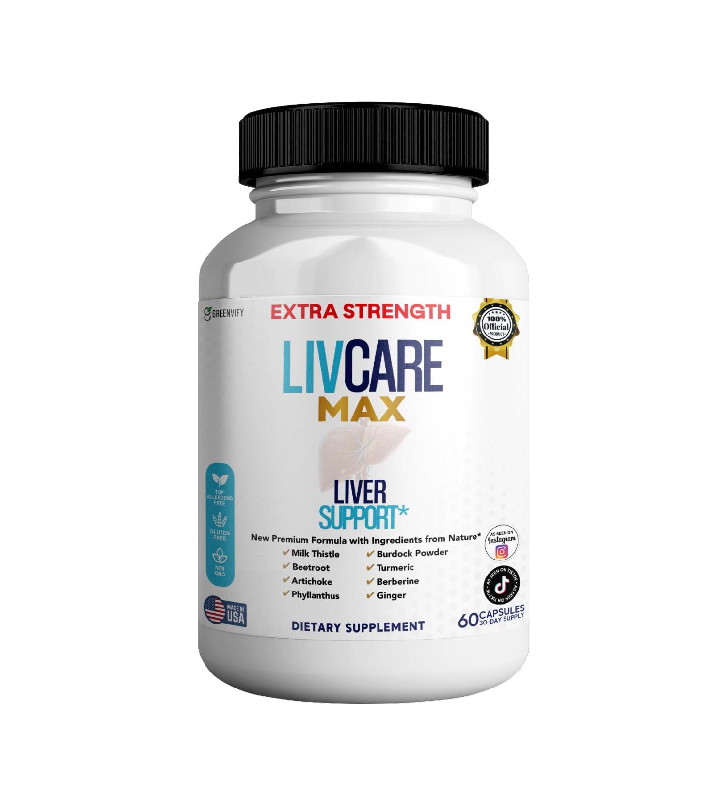 GREENVIFY Livcare Max Liver Support Supplement Extra Strength 60 Veggie Capsules 30 Day Supply with Milk Thistle Beetroot Artichoke (1) - Buy Online on GoSupps.com