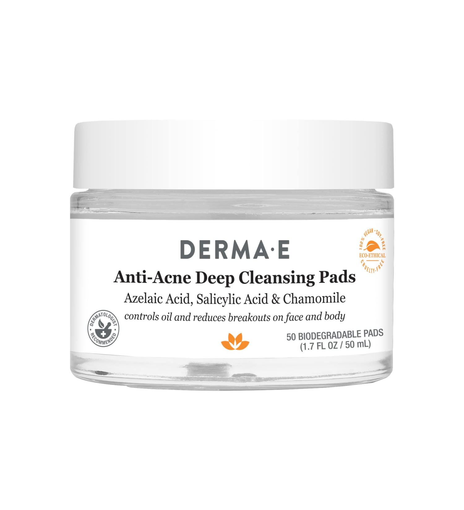 DERMA E Anti-Acne Deep Cleansing Pads - 50 Exfoliating Face Wipes with Azelaic & Salicylic Acid | Acne Treatment for Face & Body - Fight Breakouts & Blemishes - Buy Online on GoSupps.com
