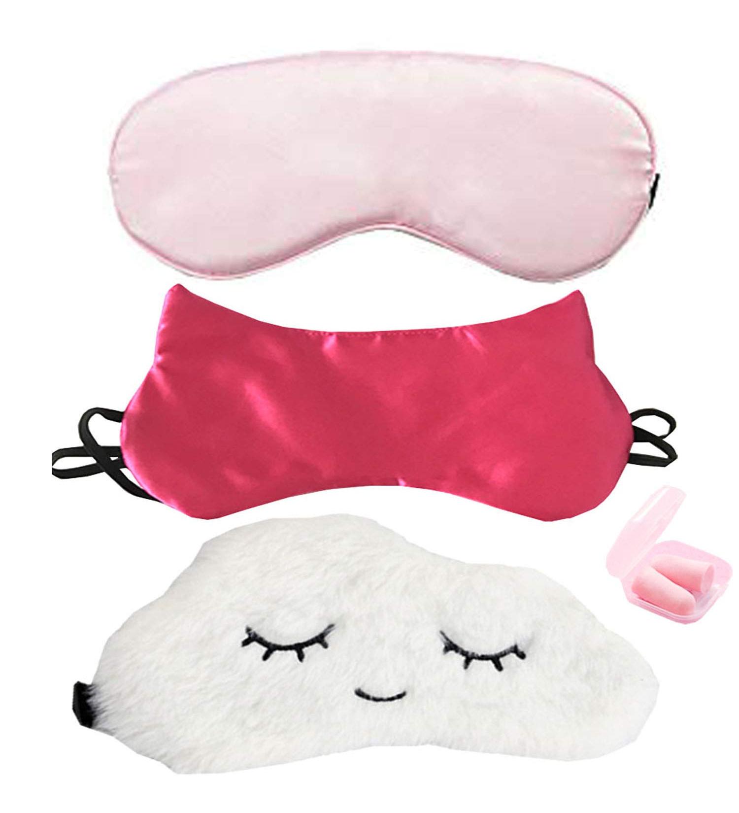 HappyDaily Beautiful and Comfortable Sleep Masks with Boxed Ear Plug - Set of 3 (Pink Silk/Rose Red Cat/White Cloud)