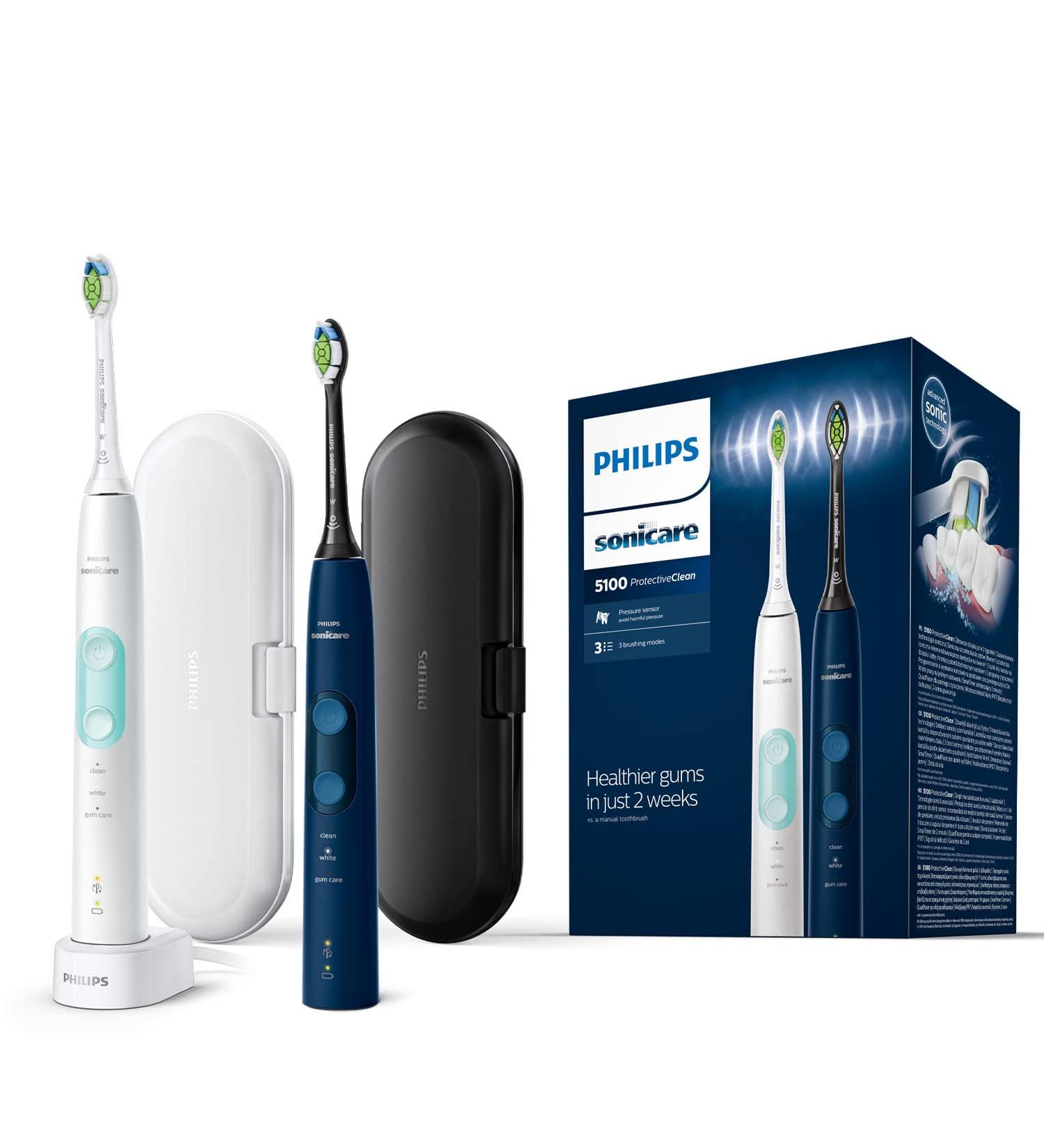Philips Sonicare ProtectiveClean 5100 HX6851/34 Electric Toothbrush Double Pack - 2 Sonic Brushes with Pressure Control & Travel Case - Best Oral Care Solution - Buy Online on GoSupps.com