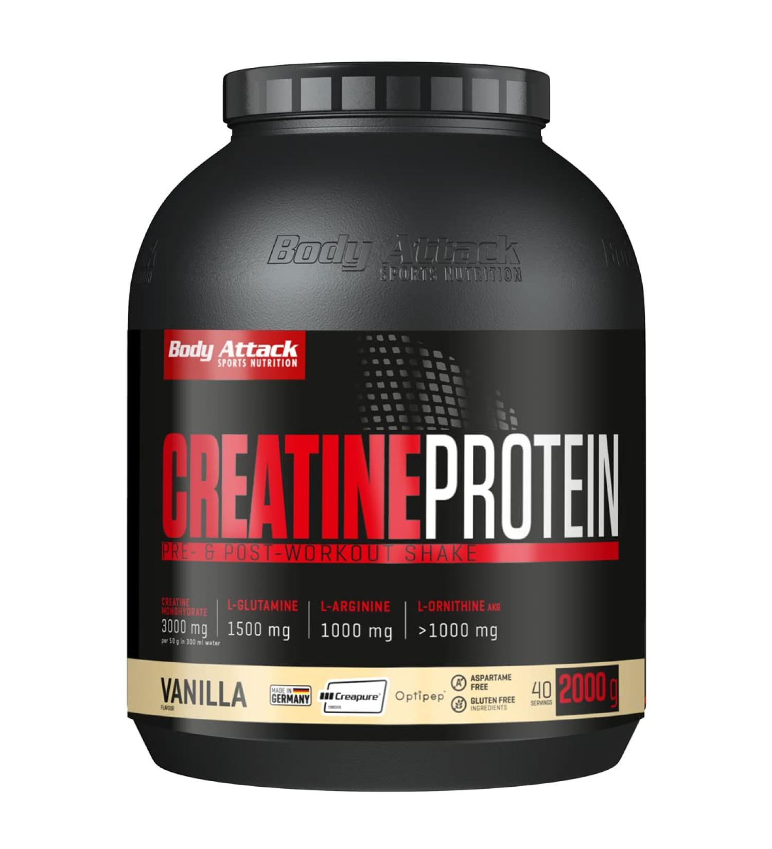 Body Attack Creatine Protein Shake - Vanilla 2kg | Gluten-Free Pre & Post Workout Supplement | 3G Creapure Wheypep Glutamine Arginine & Ornithine - Made in Germany - Buy Online on GoSupps.com