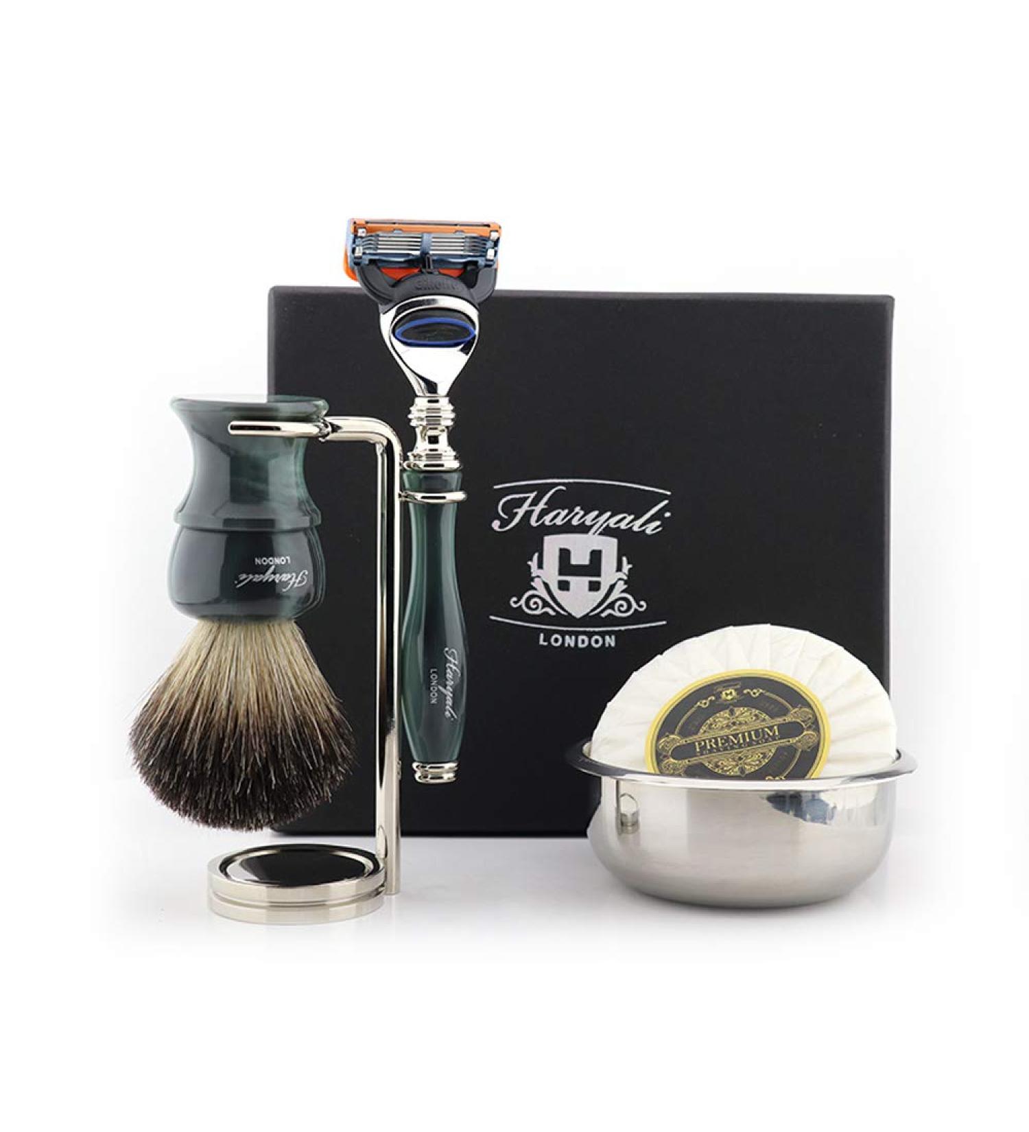 Haryali London Classic Men's Shaving Set - 5 Razor Blades Pure Badger Brush Bowl & Soap | Premium International Shipping - Buy Online on GoSupps.com