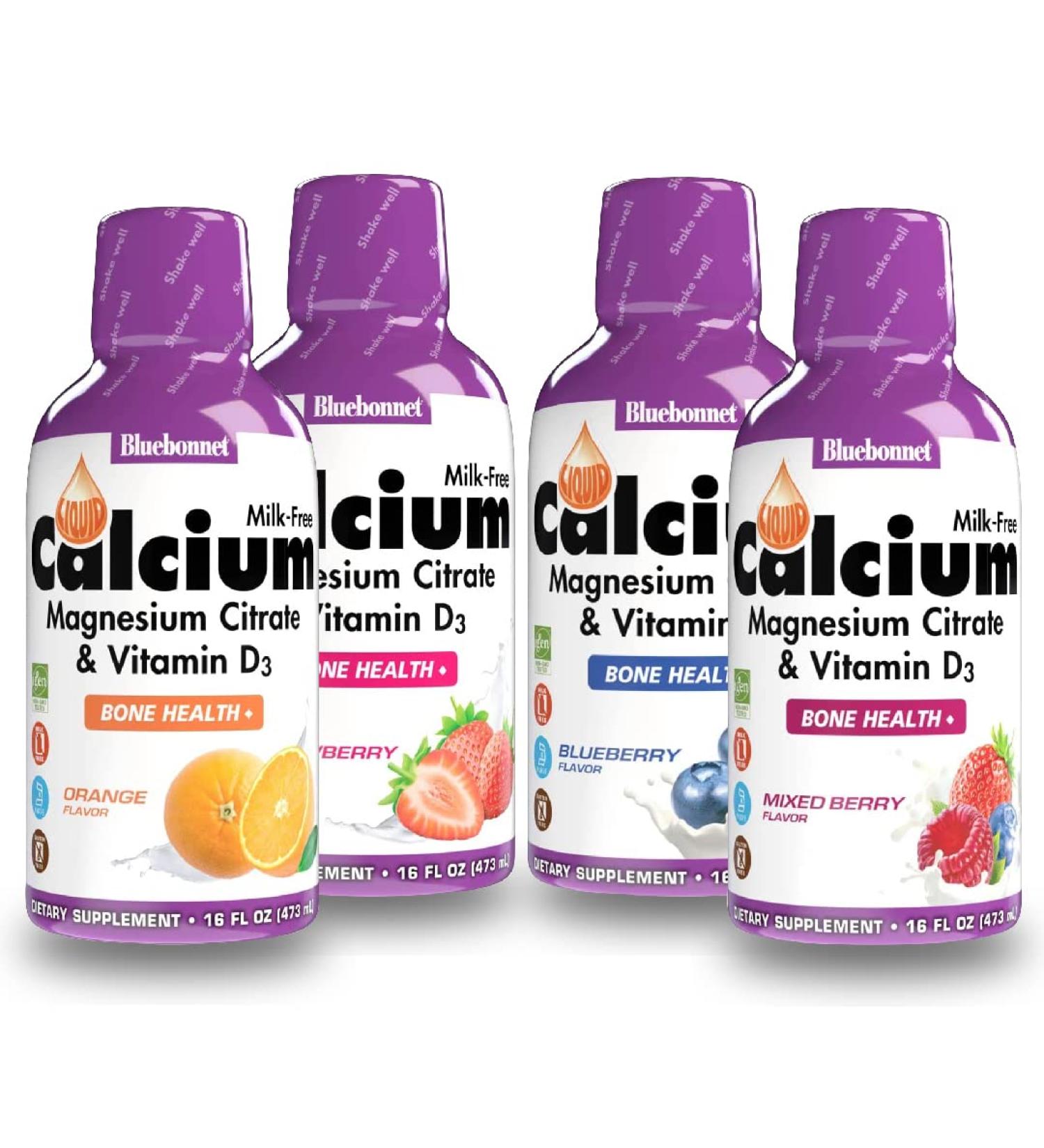 Bluebonnet Liquid Calcium Citrate Magnesium Citrate Vitamin D3 Bundle - 4 Bottles, 16 Fl Oz Each (64 Fl Oz) - Orange, Blueberry, Strawberry, Mixed Berry Flavors - Bone Health Supplement - Buy Online on GoSupps.com