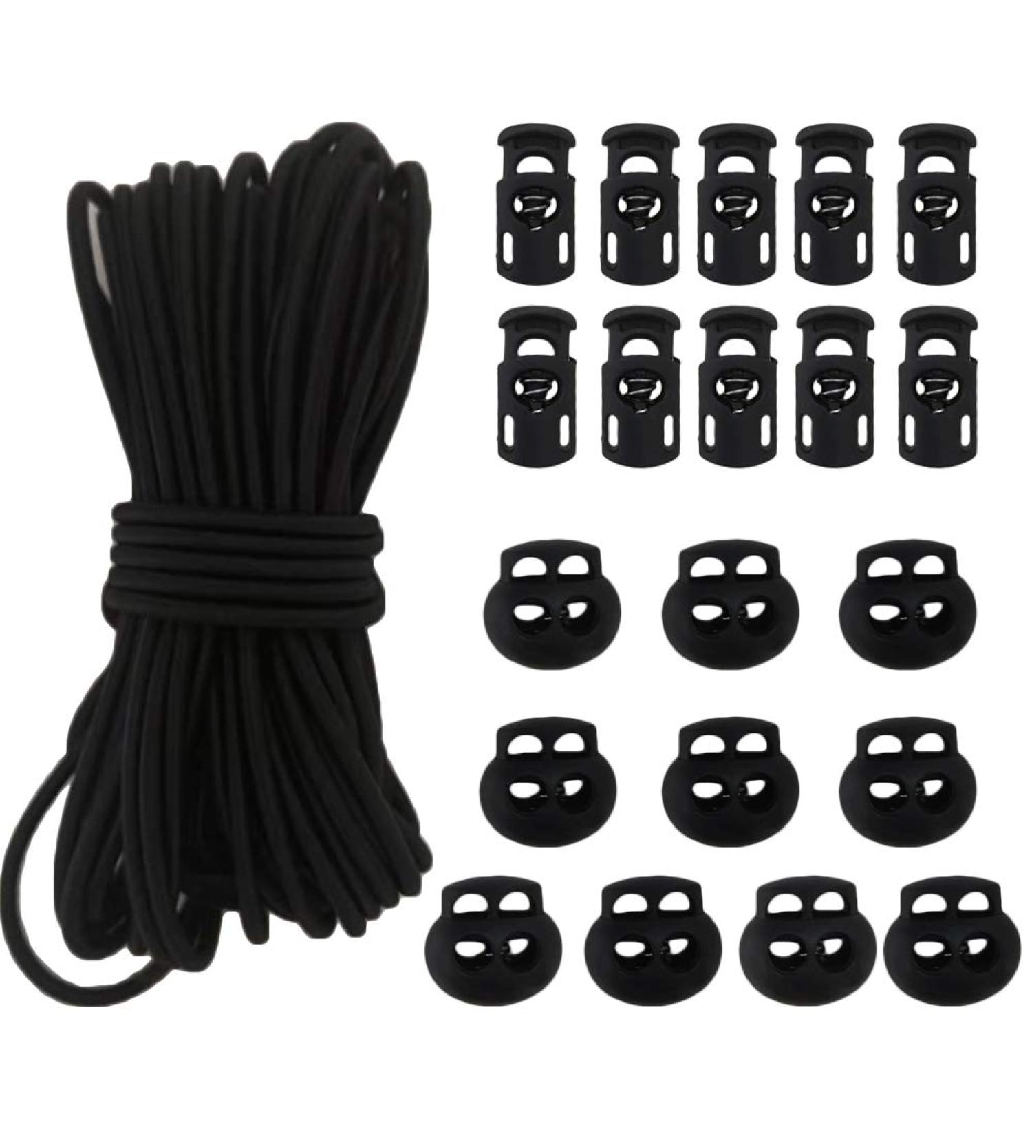 20pcs Plastic Cord Locks with 1/8-Inch 50ft Elastic Cord Heavy Stretch Round String  10Pcs Sing-Hole  10pcs Double-Hole Spring Toggle Stopper Slider Black (3mm-Black) - Buy Online on GoSupps.com
