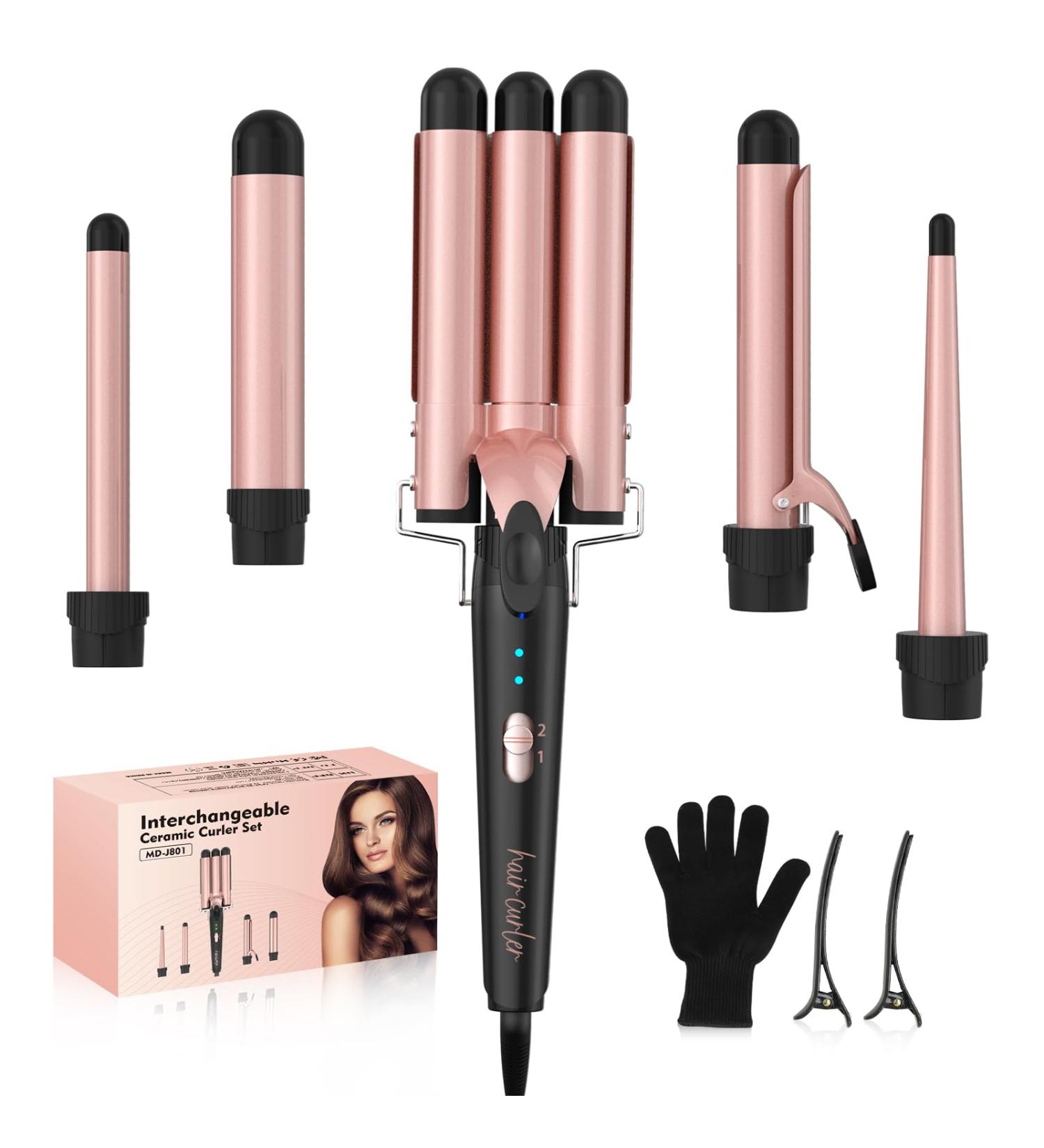 5 in 1 Wand Curling Iron Set - Interchangeable Ceramic Curlers Dual Voltage Hair Waver & Quick Heating Tool - Perfect for International Shipping - Buy Online on GoSupps.com