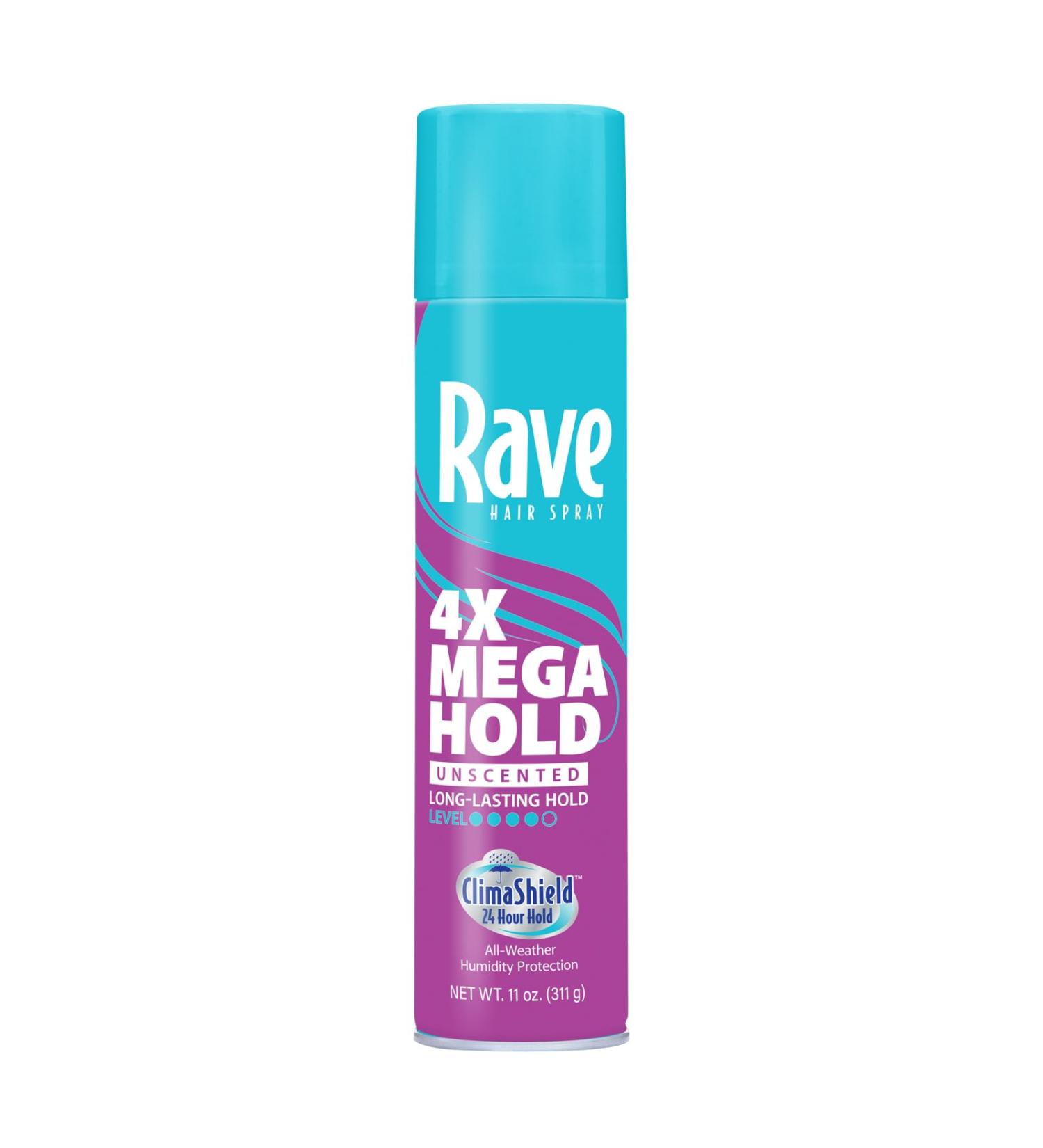 rave 4X Mega Unscented Aerosol Hairspray - Hair Spray for High Humidity Weather - 24-Hour Lasting Hold - Vitamin-Enhanced Hair Volume Spray - 11 oz