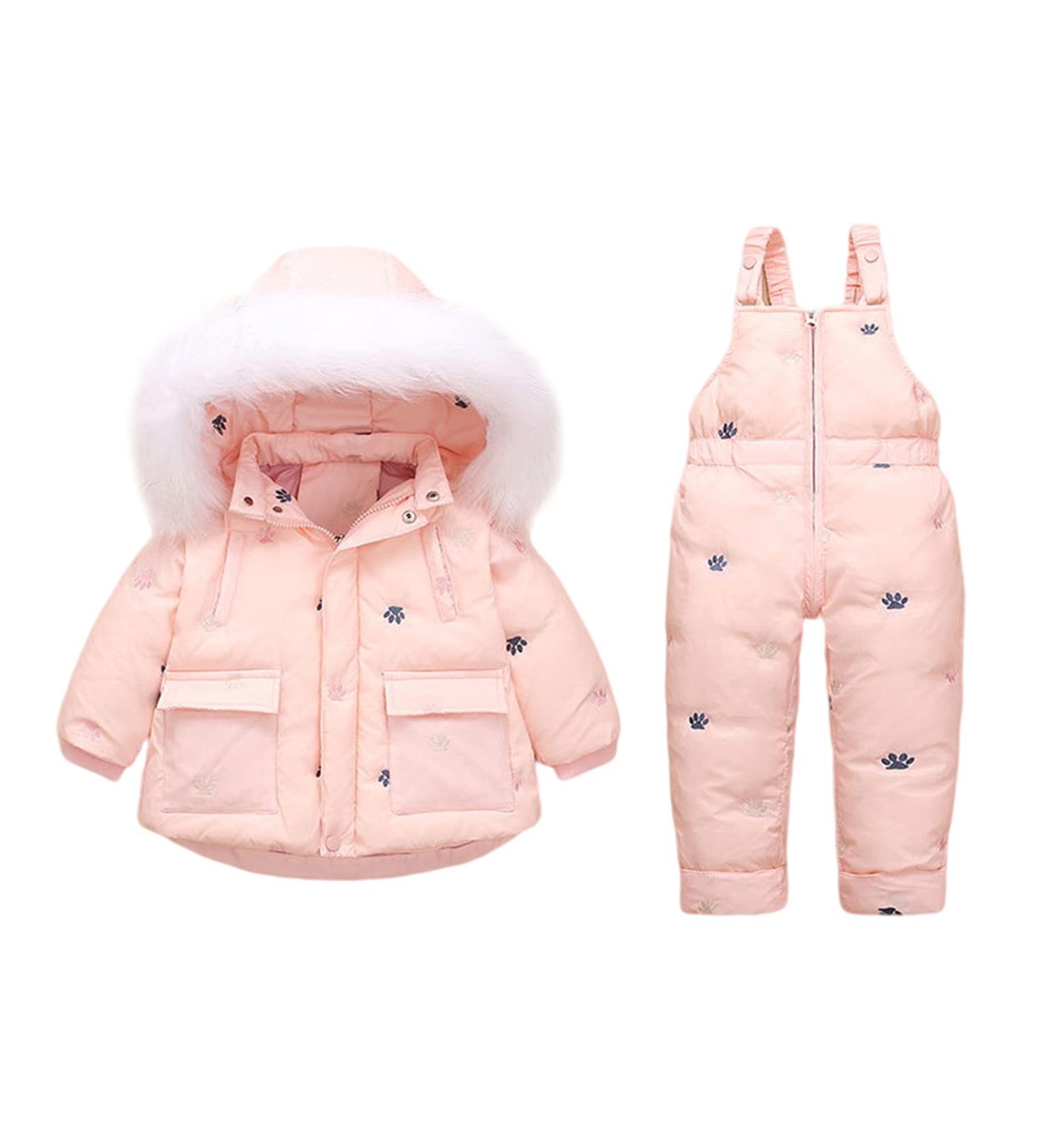 Kids Winter Snowsuit Set | Toddler 18-24 Months Pink Ski Suit | Hooded Down Jacket + Snow Bib Pants | Baby Boys Girls Fashionable Lightweight Outerwear - Buy Online on GoSupps.com