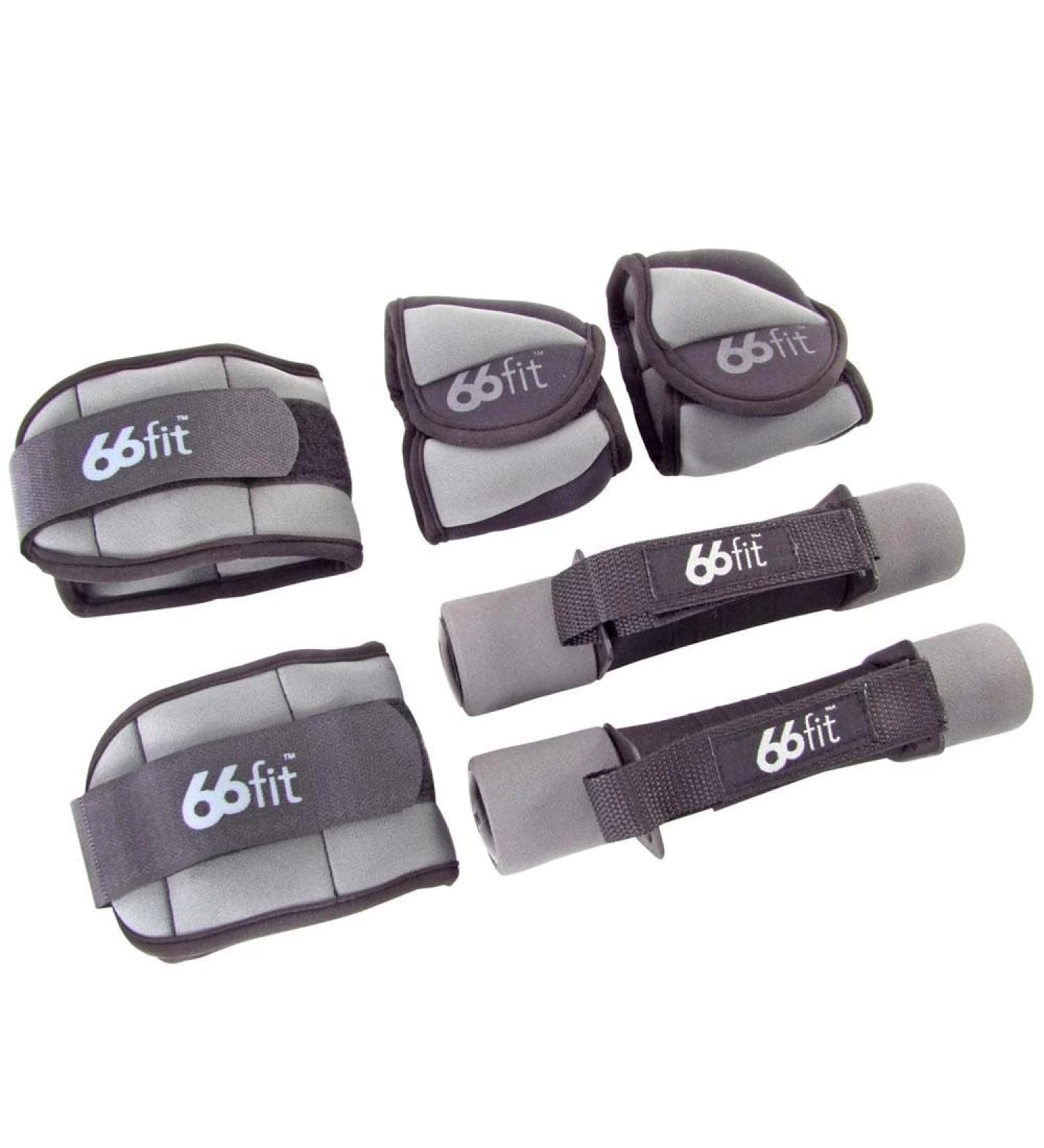 66fit Ankle/Wrist and Dumbbell Weight Set 6 Pieces - Grey/Black For Walking Jogging Running Workout Single Bed
