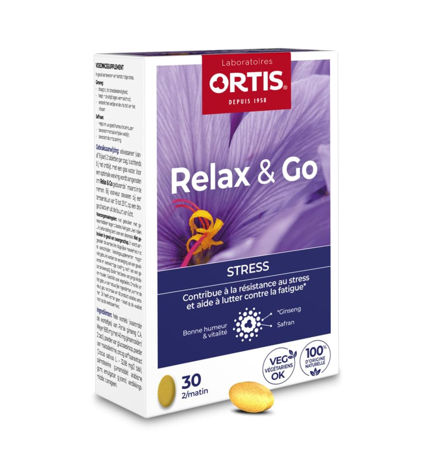 Ortis - Relax & Go 30 Tablets - Food Supplement to resist stress and fight fatigue - Maintains good mood and vitality - 100% natural based on Saffron and Ginseng - Buy Online on GoSupps.com