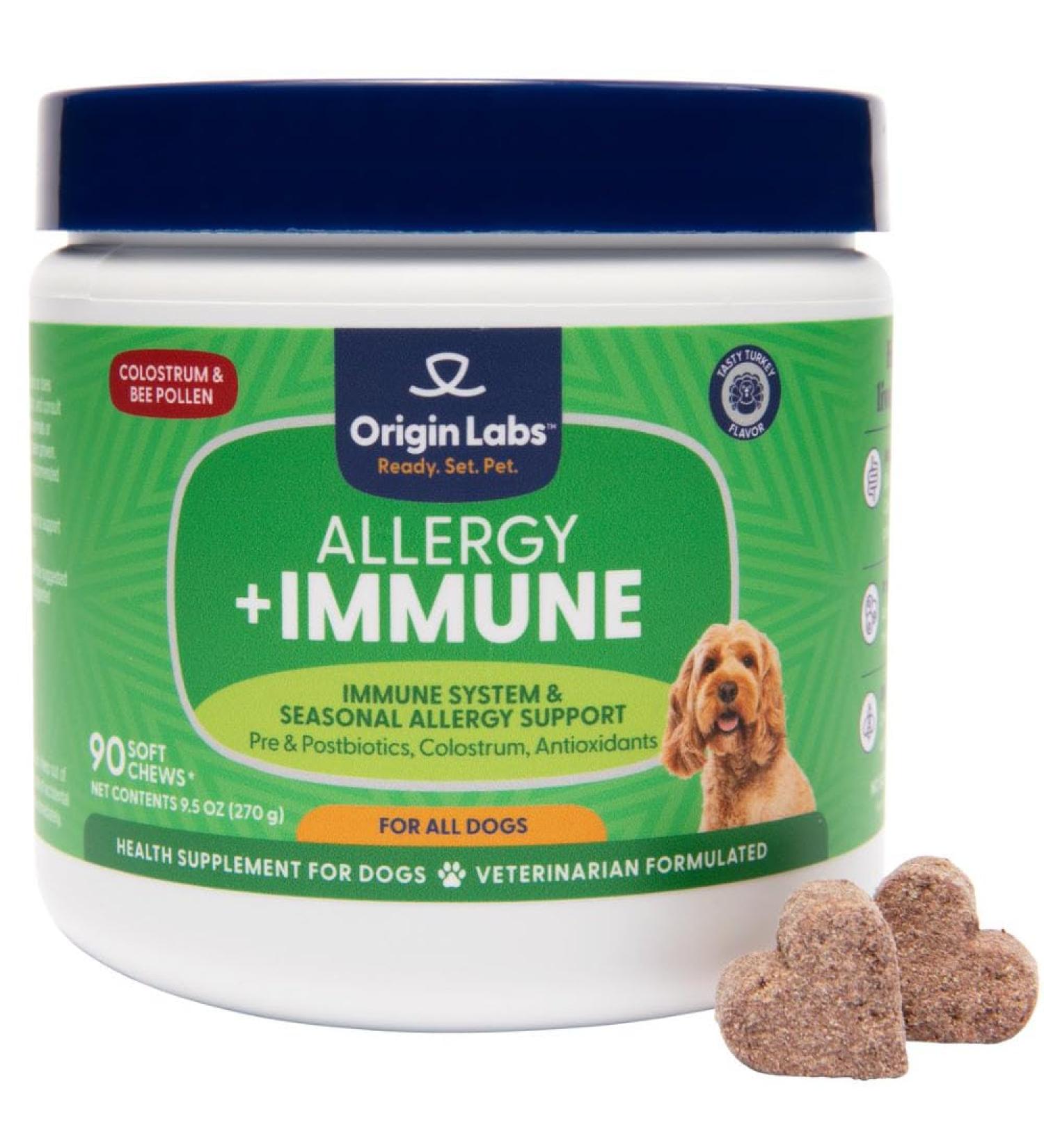 Shop Origin Labs Allergy & Immune Support Supplement - Omega 3 Fish Oil Probiotics Bee Pollen & More | 90 Turkey Flavor Soft Chews for Gut Skin & Coat Health - Buy Online on GoSupps.com