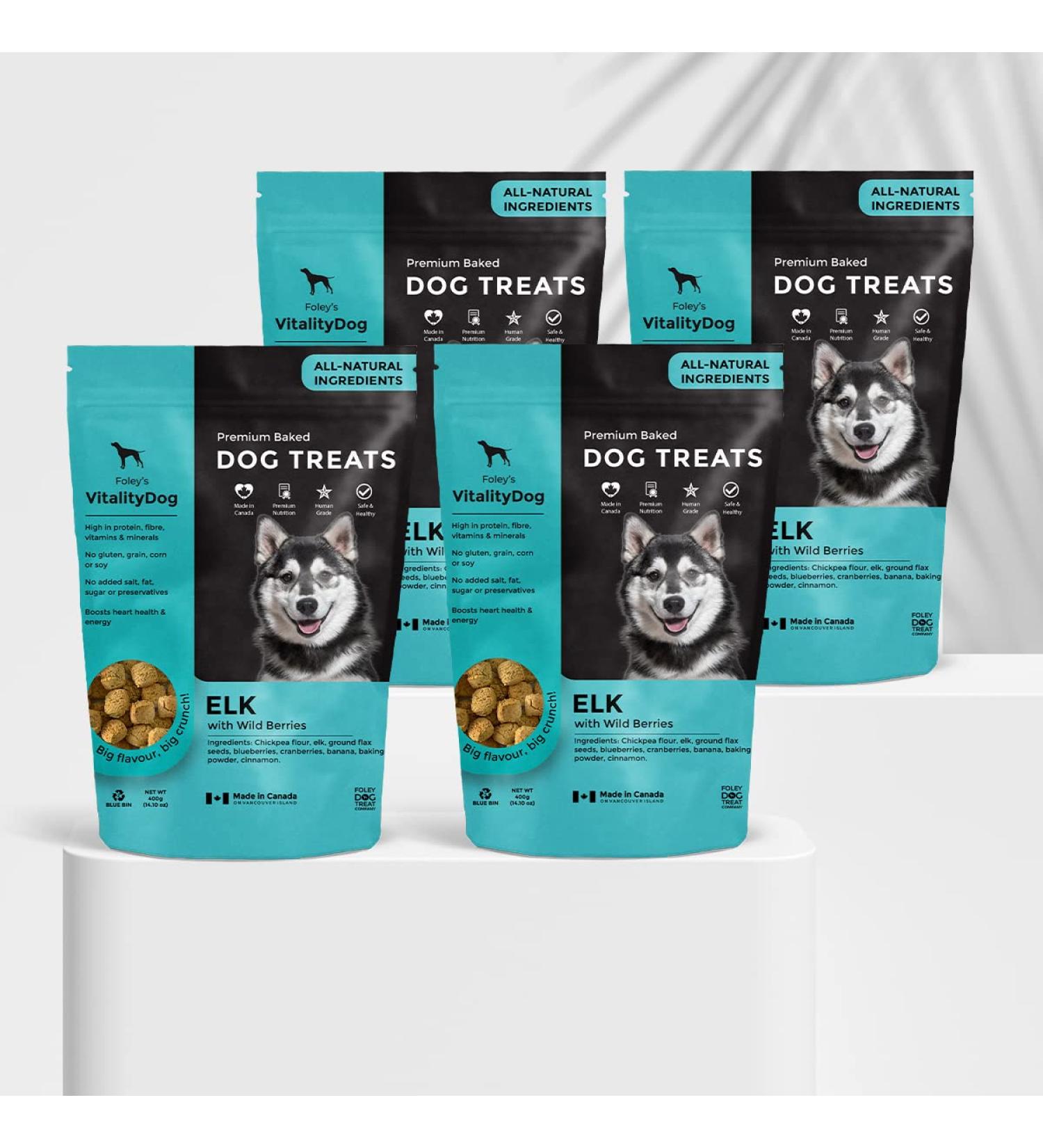 Vitality Dog Elk with Wild Berries (4-Pack) Premium Baked Dog Treats - Training Treats for Dogs Pet Treats Dog Snacks - Made in Canada Grain Free Human Grade 400g / 14.1oz Elk with Wild Berries 400 g (Pack of 4) - Buy Online on GoSupps.com