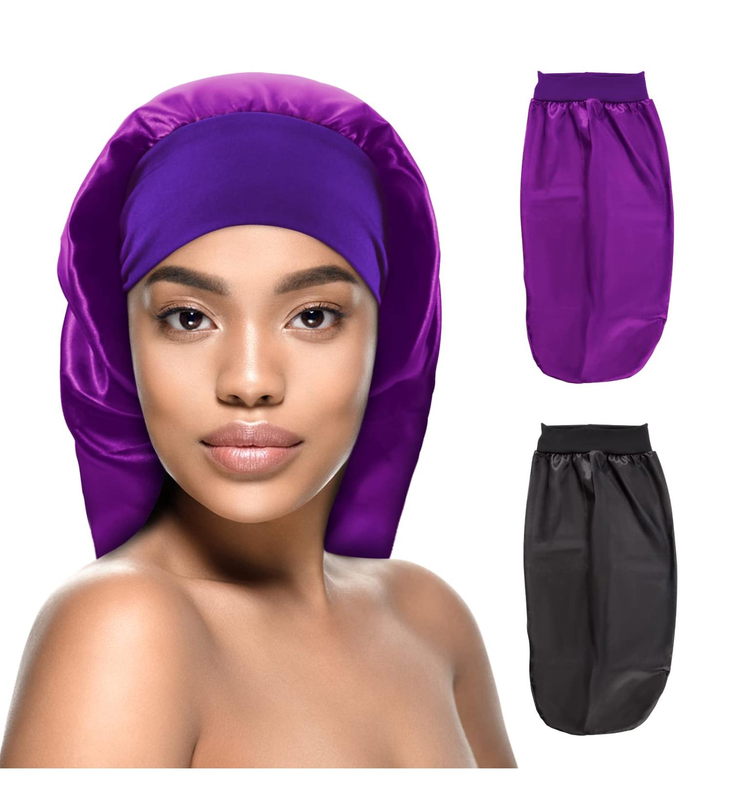 Kenllas Long Satin Sleep Bonnet - Extra Large Night Cap for Women with Long Curly Dreadlock Braid Hair - Black & Purple - Buy Online on GoSupps.com