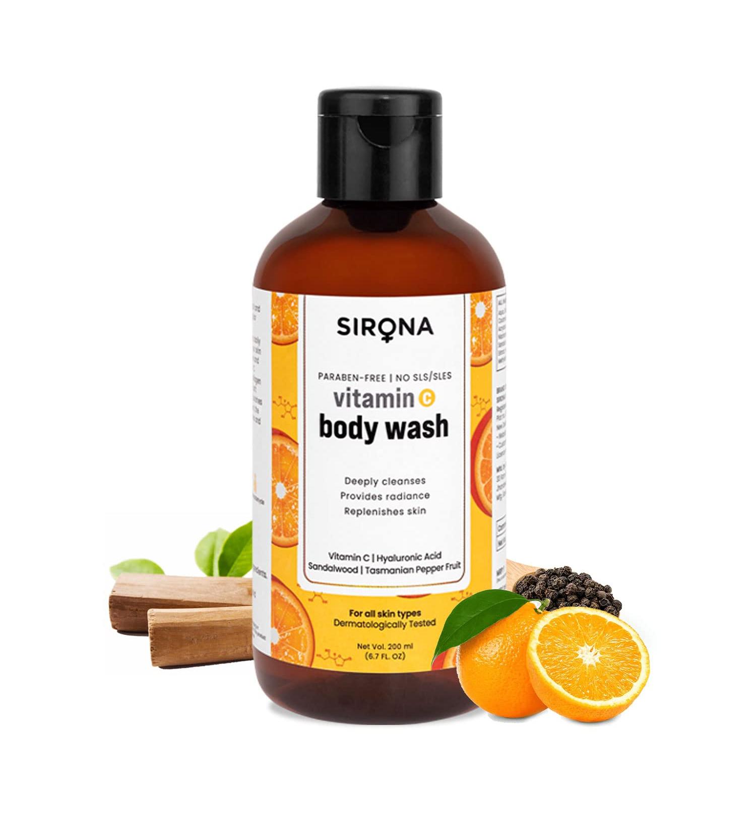 Sirona Natural Vitamin C Body Wash - 200ml Gel with Hyaluronic Acid & Sandalwood for Radiant Skin - Unisex Shower Gel - International Shipping - Buy Online on GoSupps.com