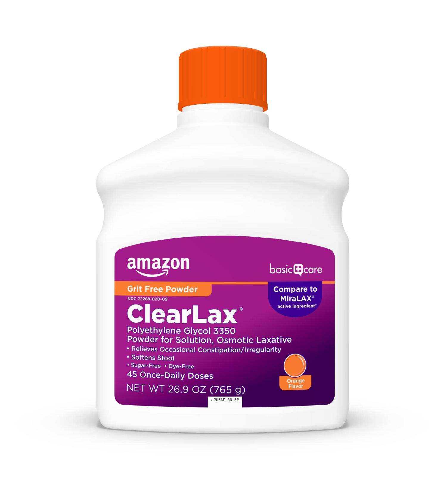 Amazon Basic Care ClearLax, Laxative Powder for Gentle Constipation Relief, Softens Stool, Polyethylene Glycol 3350, Orange Flavor, 1.68 pound (Pack of 1) - Buy Online on GoSupps.com