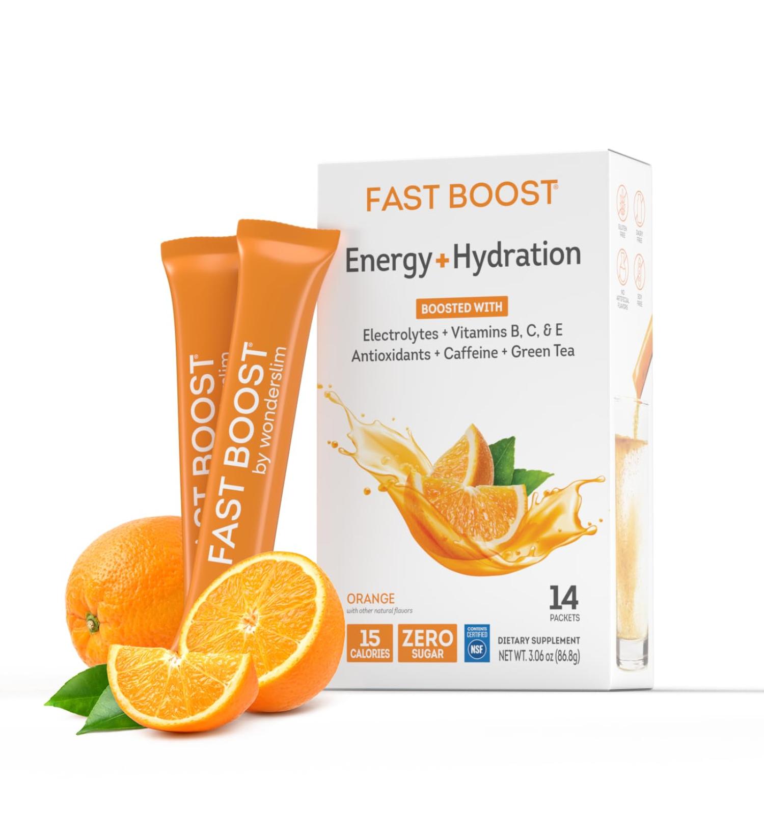 FAST BOOST Energy & Hydration Drink Mix - Orange | Sugar Free Electrolyte Powder Packets with Antioxidants Green Tea Extract B Vitamins Vitamin C & E | 14 Stick Packs - Buy Online on GoSupps.com