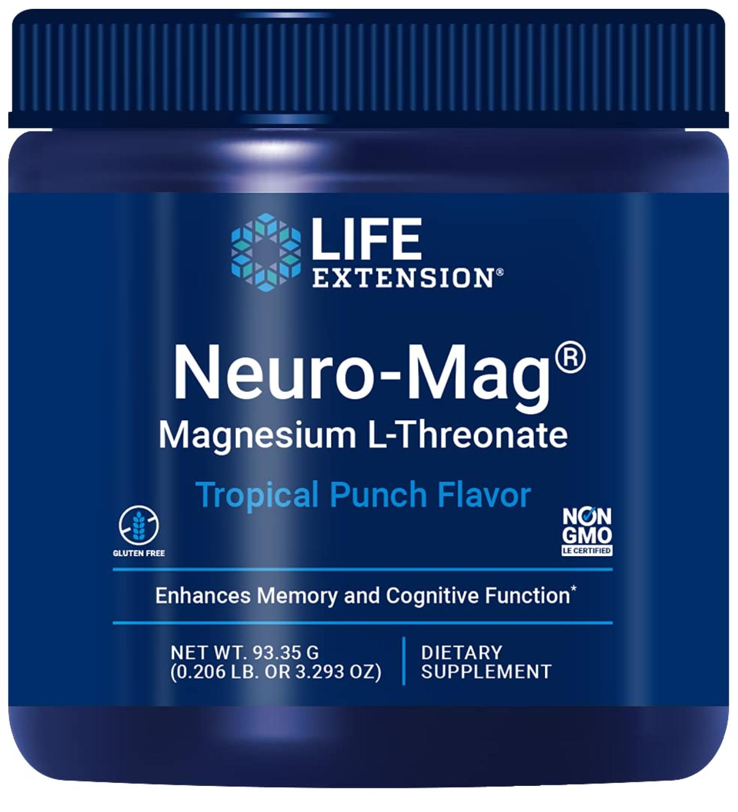 Life Extension Neuro-Mag Magnesium L-Threonate Powder Tropical Punch Flavor - 3.293 oz - Boost Brain Health with Magnesium Supplement - Buy Online on GoSupps.com