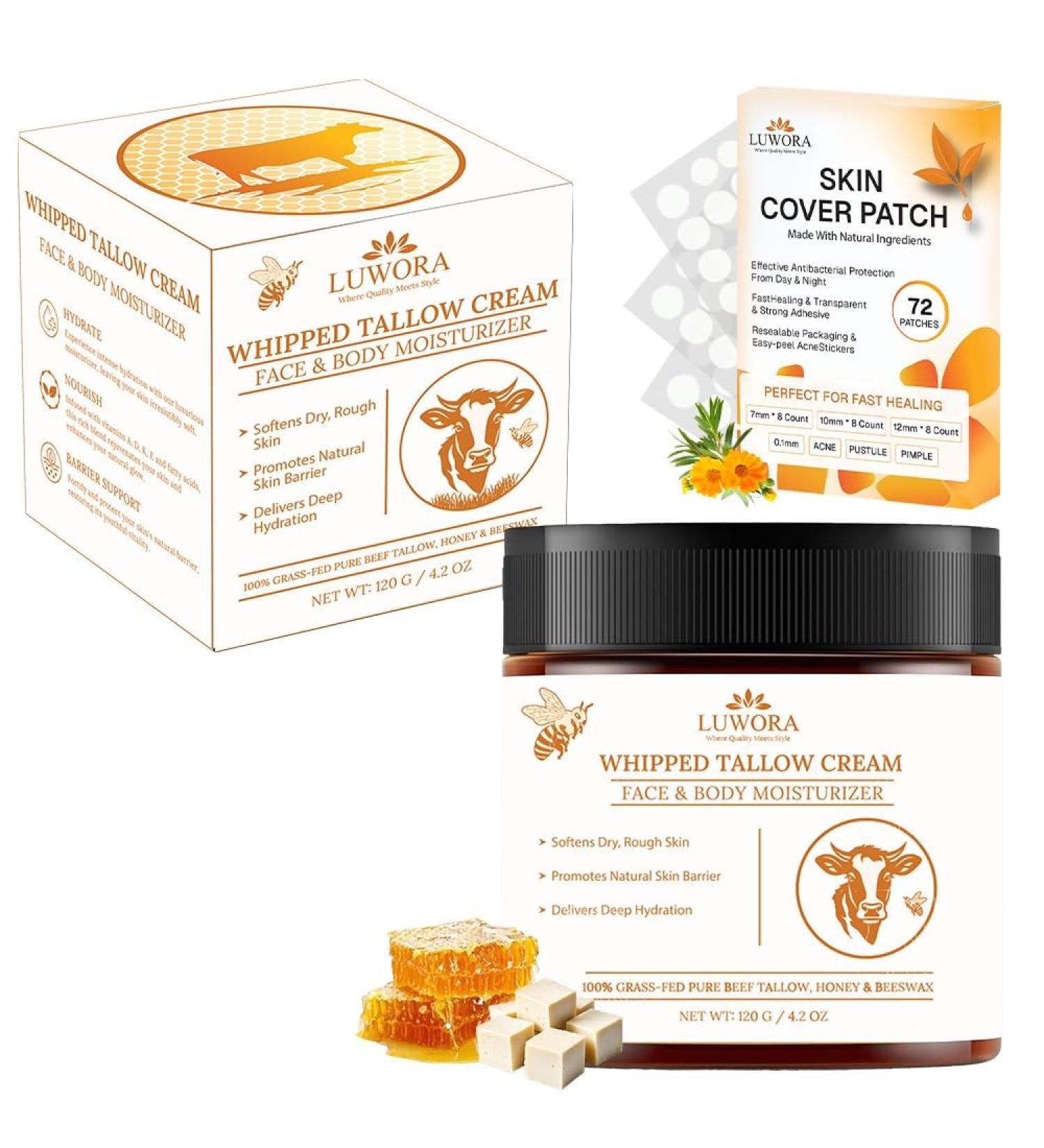 LUWORA Grass-Fed Beef Tallow Cream and Skin Cover Patches (72 Pcs) Organic Moisturizing Tallow Balm for Face & Body, Daily Skincare Patches for Clean, Protected Skin, Sensitive Skin Friendly - Buy Online on GoSupps.com