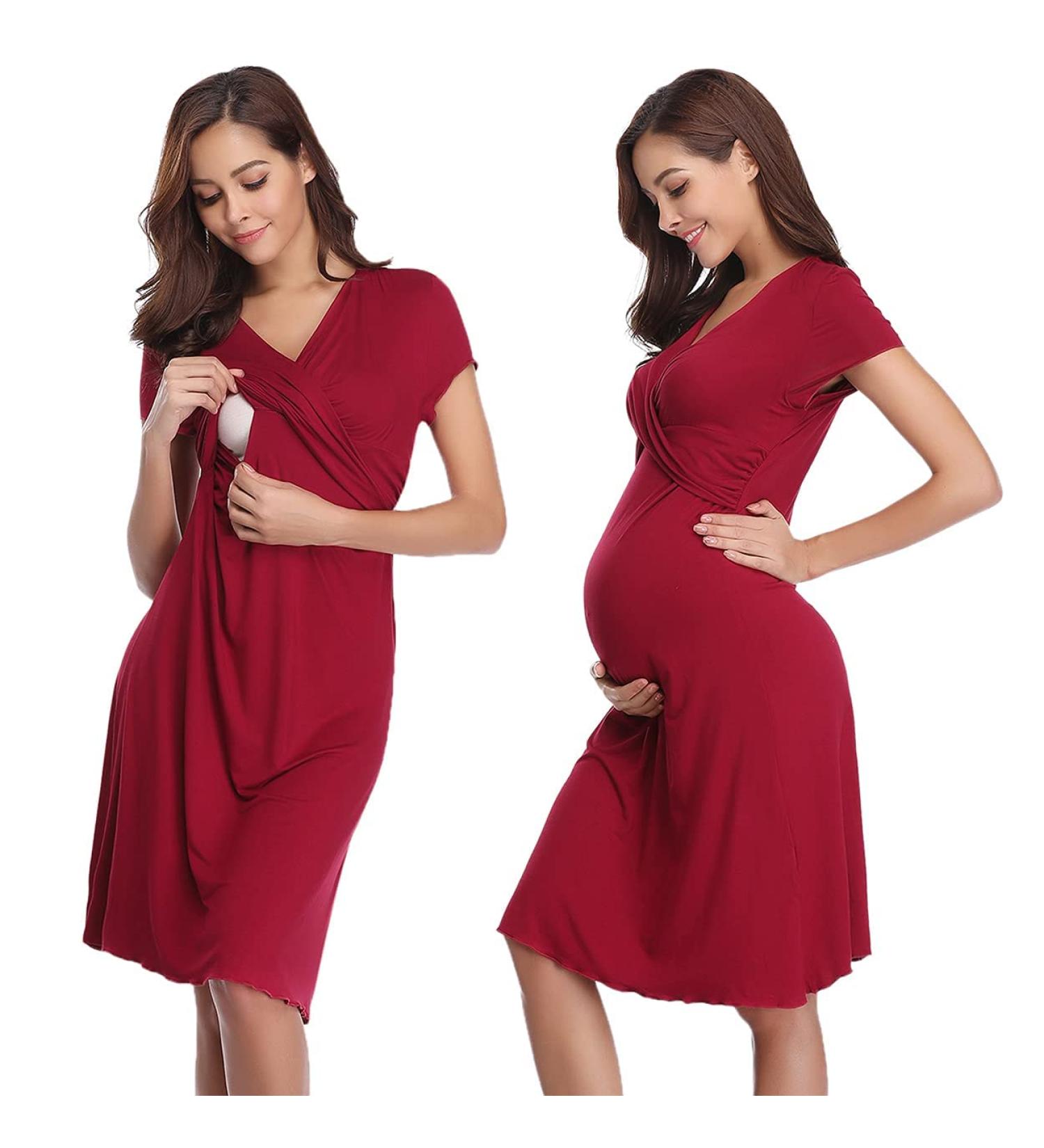 Irdcomps Women's Wine Red Maternity Nursing Nightdress - Soft V Neck Pajama Dress for Pregnant Moms | Breathable & Comfortable Loungewear - Buy Online on GoSupps.com