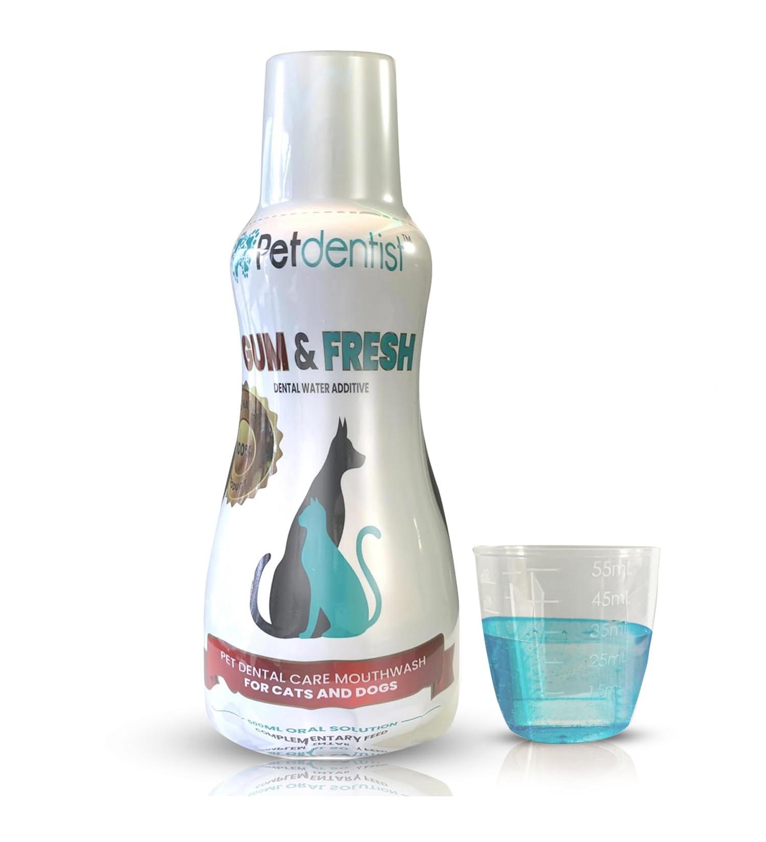 Petdentist Natural Mint GUM & FRESH Dental Water Additive Mouthwash- Oral Dental Care for Dogs & Cats Easy Plaque Off Teeth Cleaning Fresh Breath and Gum Health 500ml Bottle with Measure cap - Buy Online on GoSupps.com