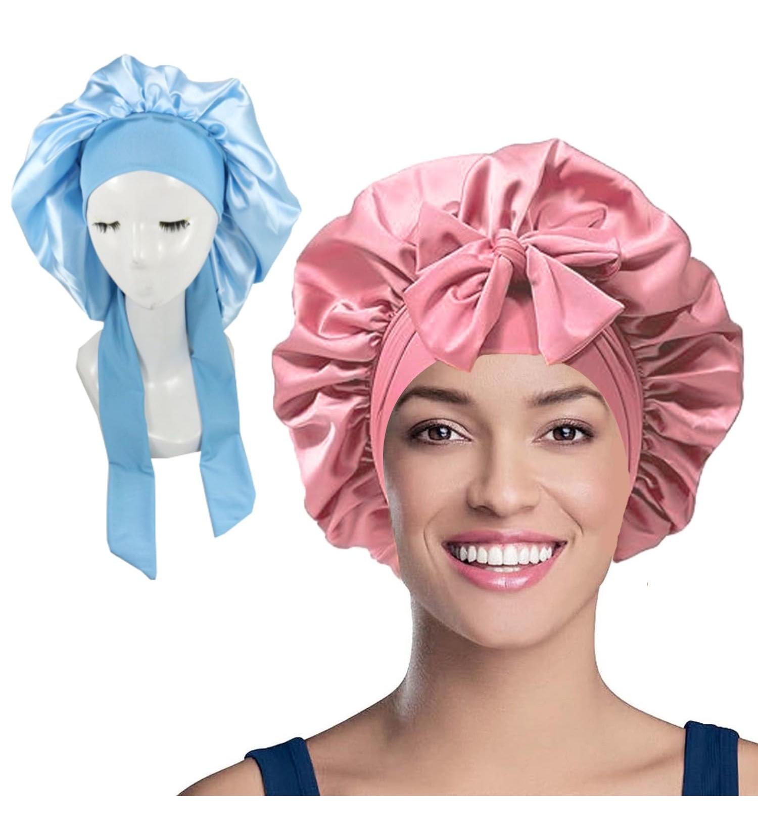 WUBAYI 2PCS Satin Bonnet Silk Bonnet Hair Wrap for Sleeping Hair Bonnet for Bath Tie Band for Women Long Curly Braid Hair Pink Blue - Buy Online on GoSupps.com