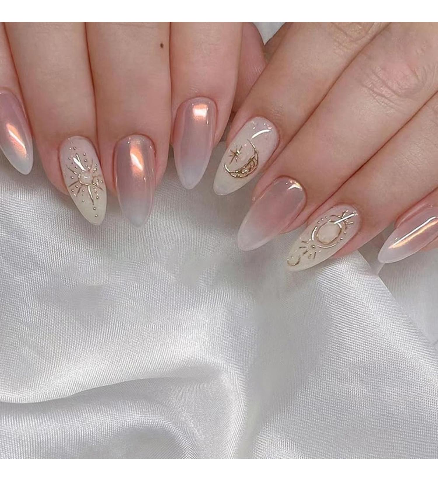 24PCS Almond Full Cover Short False Nails with Glue Stickers - Aurora Sun Moon French Fake Nails for Women - Nail Art Press on Nails - Buy Online on GoSupps.com