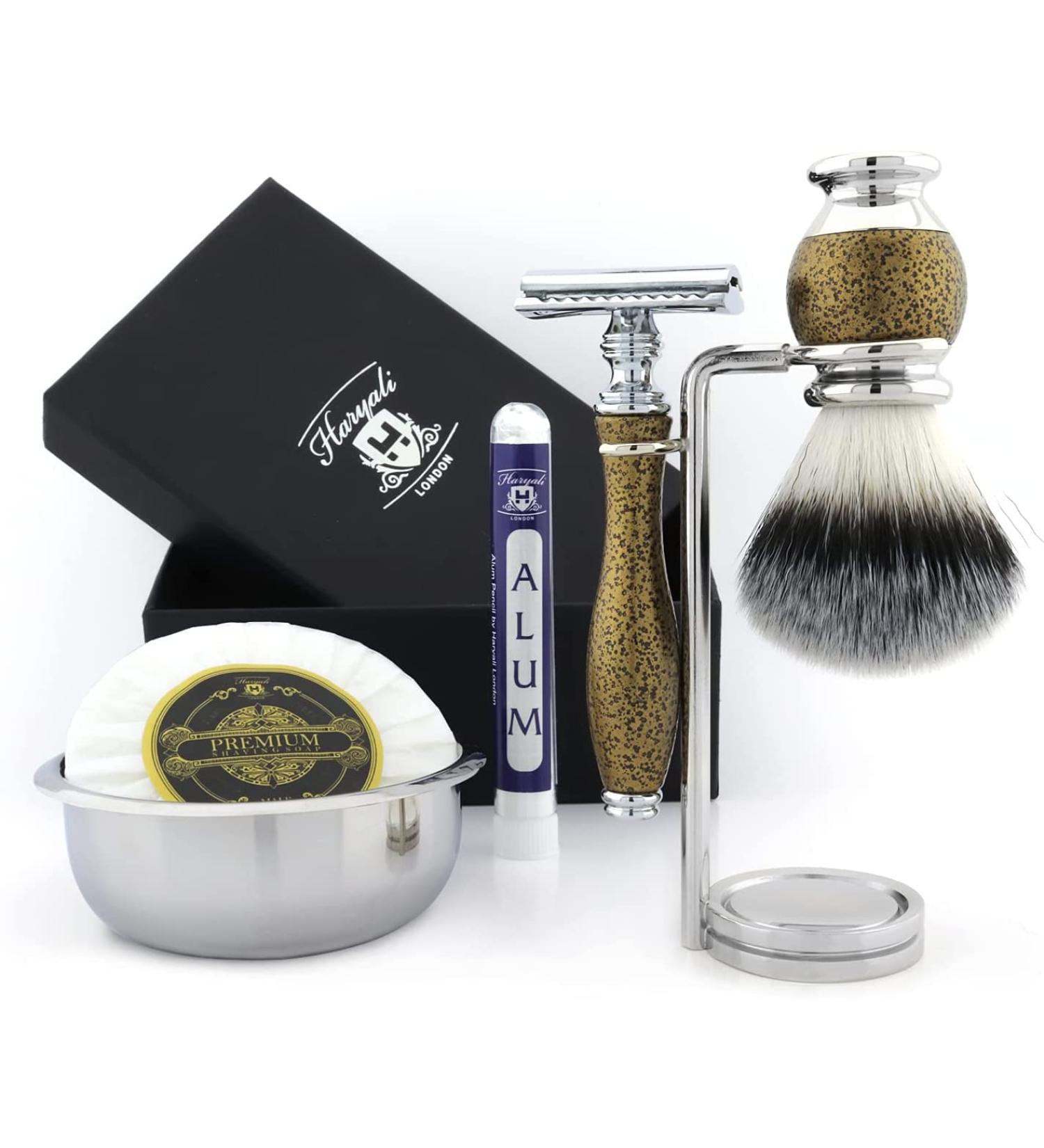 Classic Old-School Men's Shaving Set | Synthetic Brush DE Safety Razor Engraved Bowl & Soap - International Shipping Available - Buy Online on GoSupps.com
