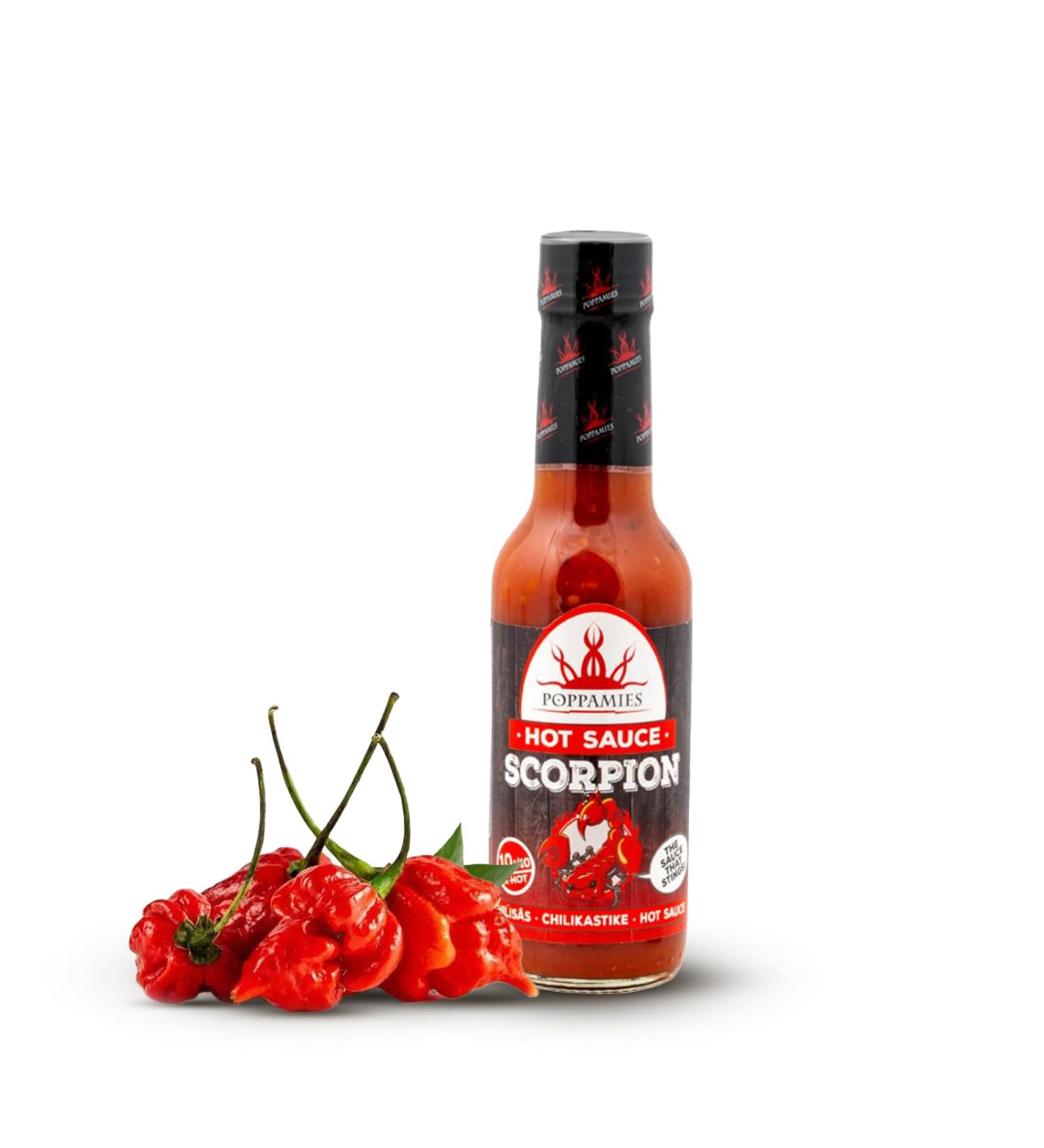 Poppamies Scorpion Hot Sauce Extra Hot Trinidad Scorpion Chili Gluten Free Vegan 150ml | 10+/10 Spiciness - Buy Online on GoSupps.com