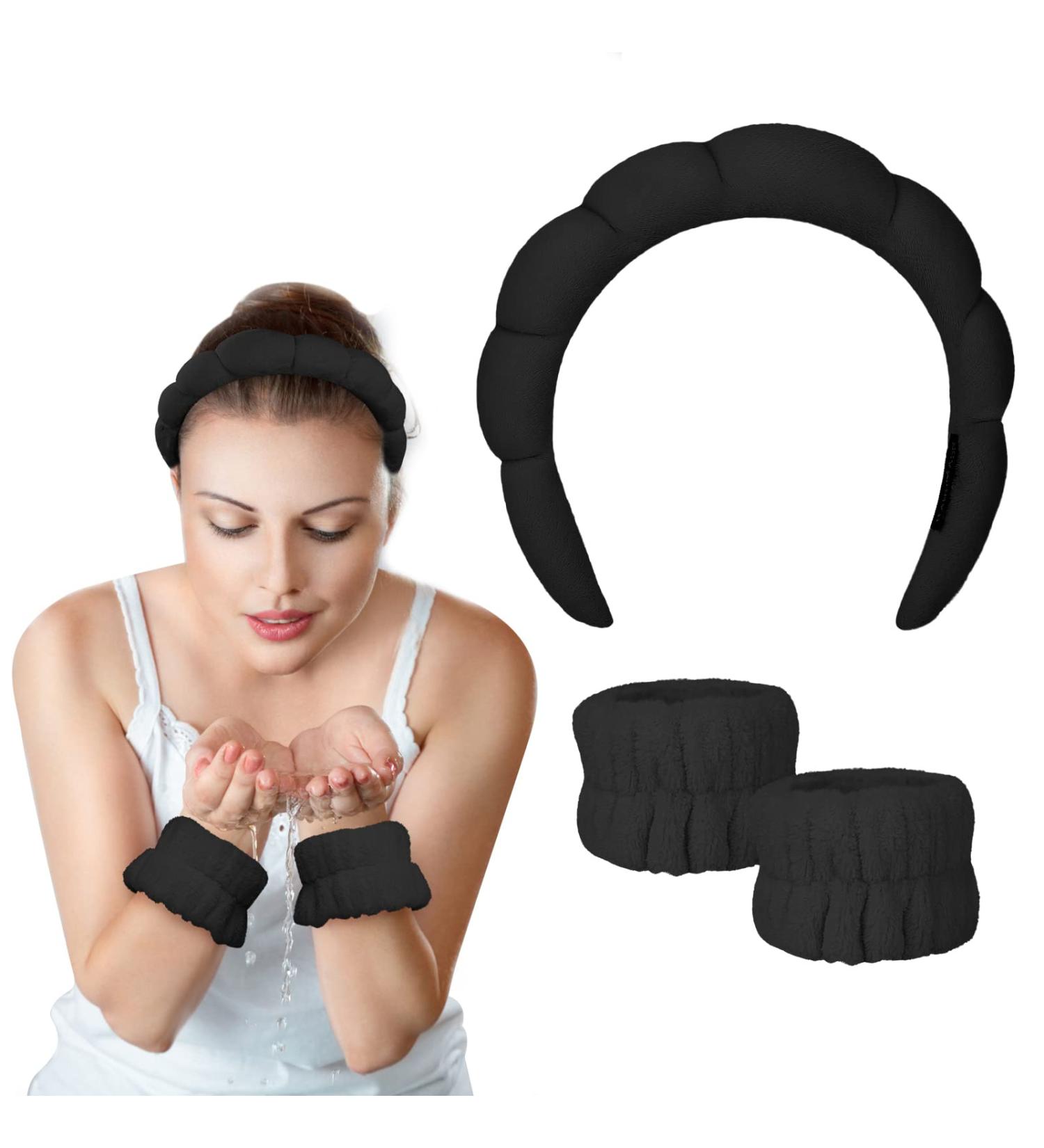 Sponge Puffy Spa Headband for Women, Terry Towel Cloth Fabric Skincare Headband with Wristbands - Black - Buy Online on GoSupps.com