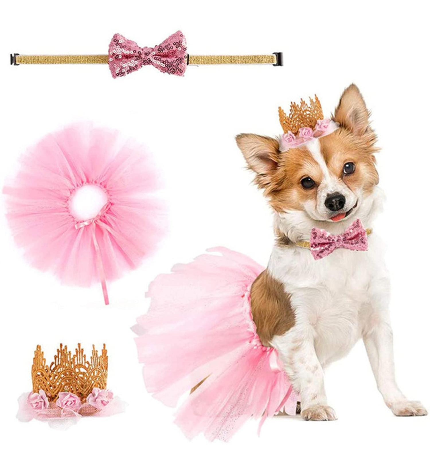 Zhenp Dog Wedding Dress Set - 3 Pieces Tutu Rock for Dogs Princess Crown Birthday Outfit & Collar for Little Pets - Buy Online on GoSupps.com