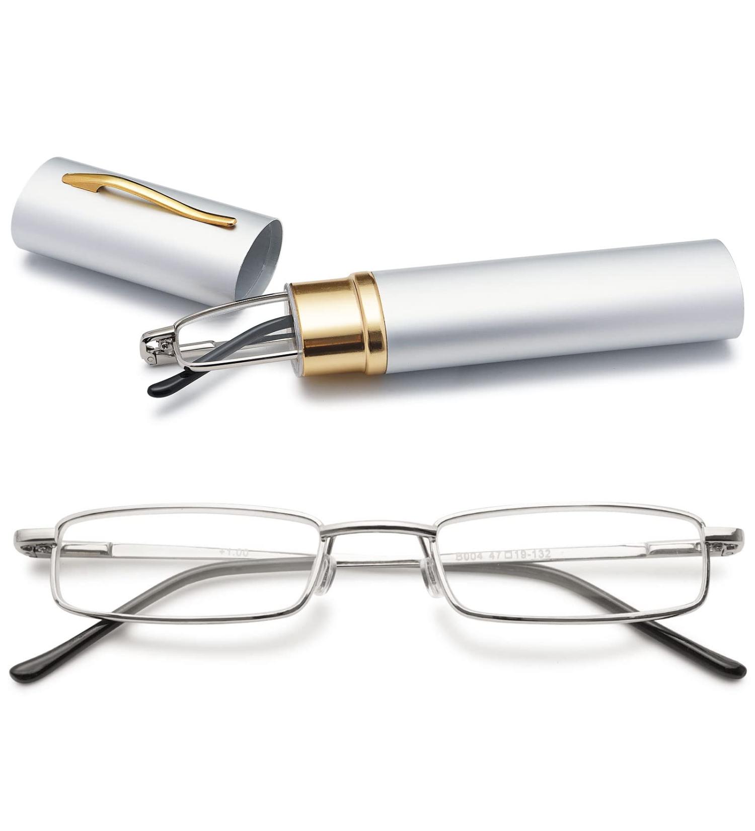 Vevesmundo Mini Compact Metal Reading Glasses | Light Spring Hinge | Silver Blue Light Filter | Classic 2.0x Reading Aid with Etui - Buy Online on GoSupps.com