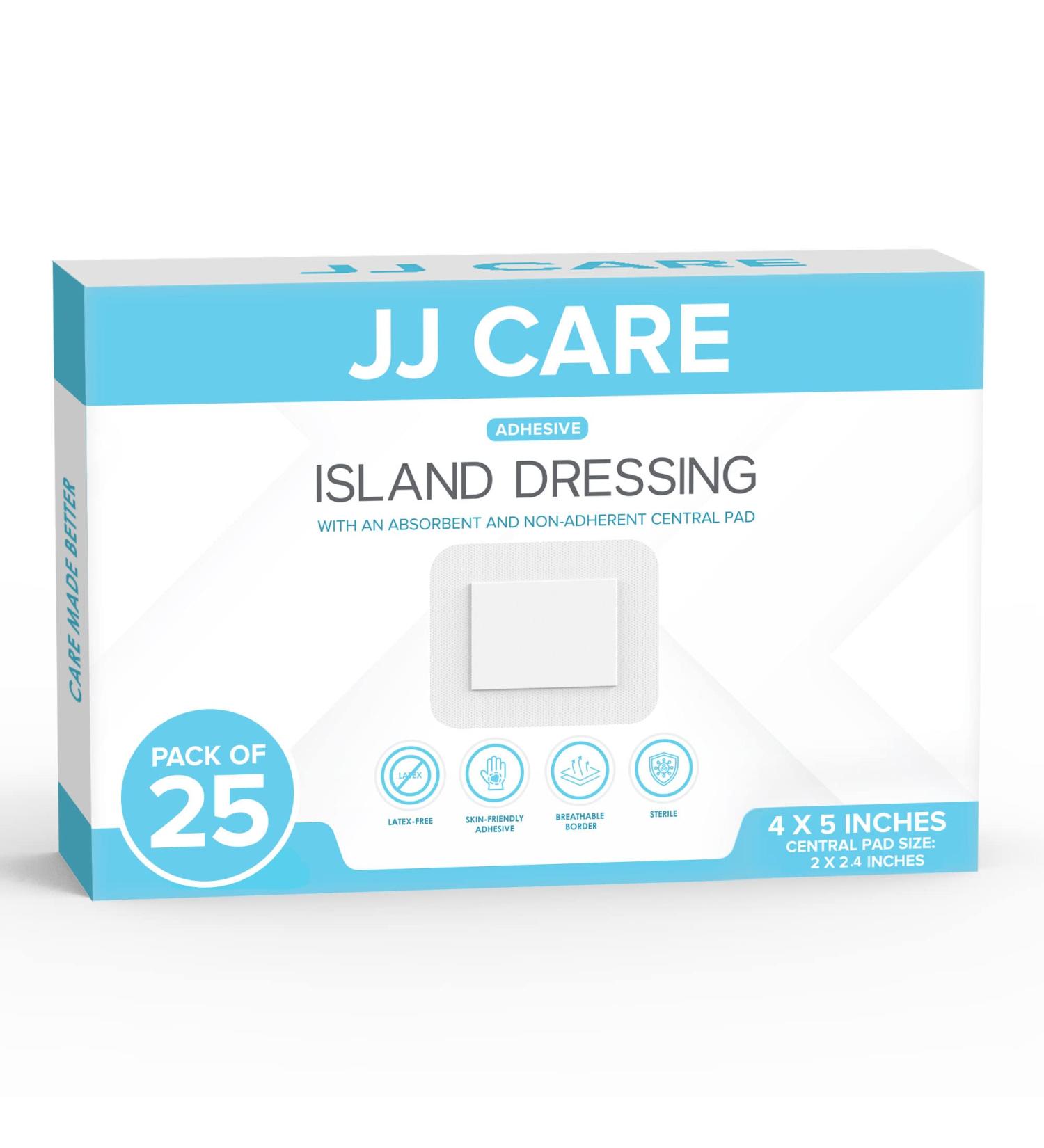 JJ CARE Adhesive Island Dressing 4x5 - Pack of 25 | Sterile Bordered Gauze Dressing with Non-Stick Center Pad | Individually Wrapped Wound Dressing | Highly Absorbent & Breathable - Buy Online on GoSupps.com
