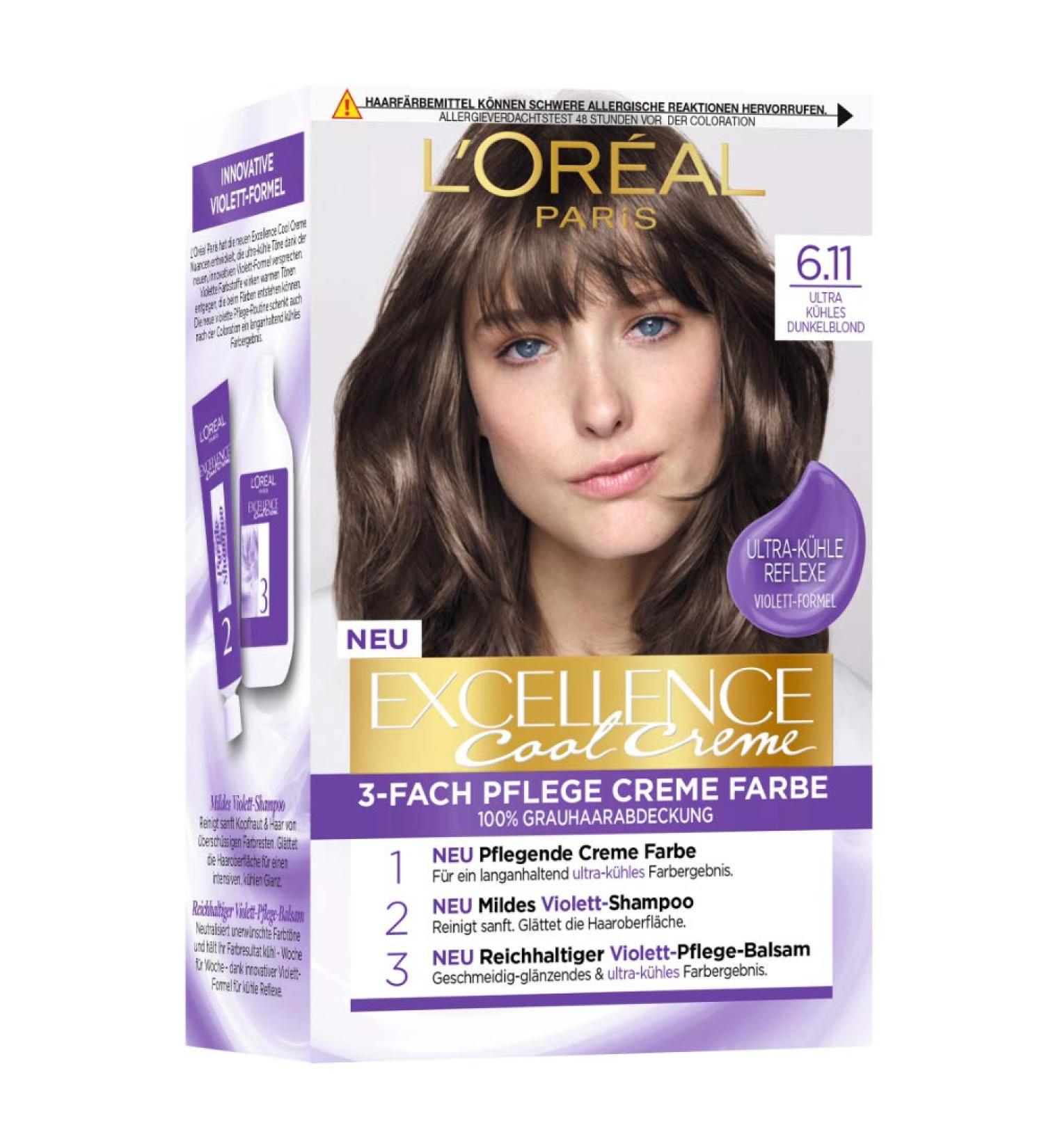 L'Or al Paris Excellence Cool Cream Hair Color - 100% Gray Coverage Ultra Cool Dark Blonde 6.11 258g Set with Shampoo & Care Cream - Buy Online on GoSupps.com