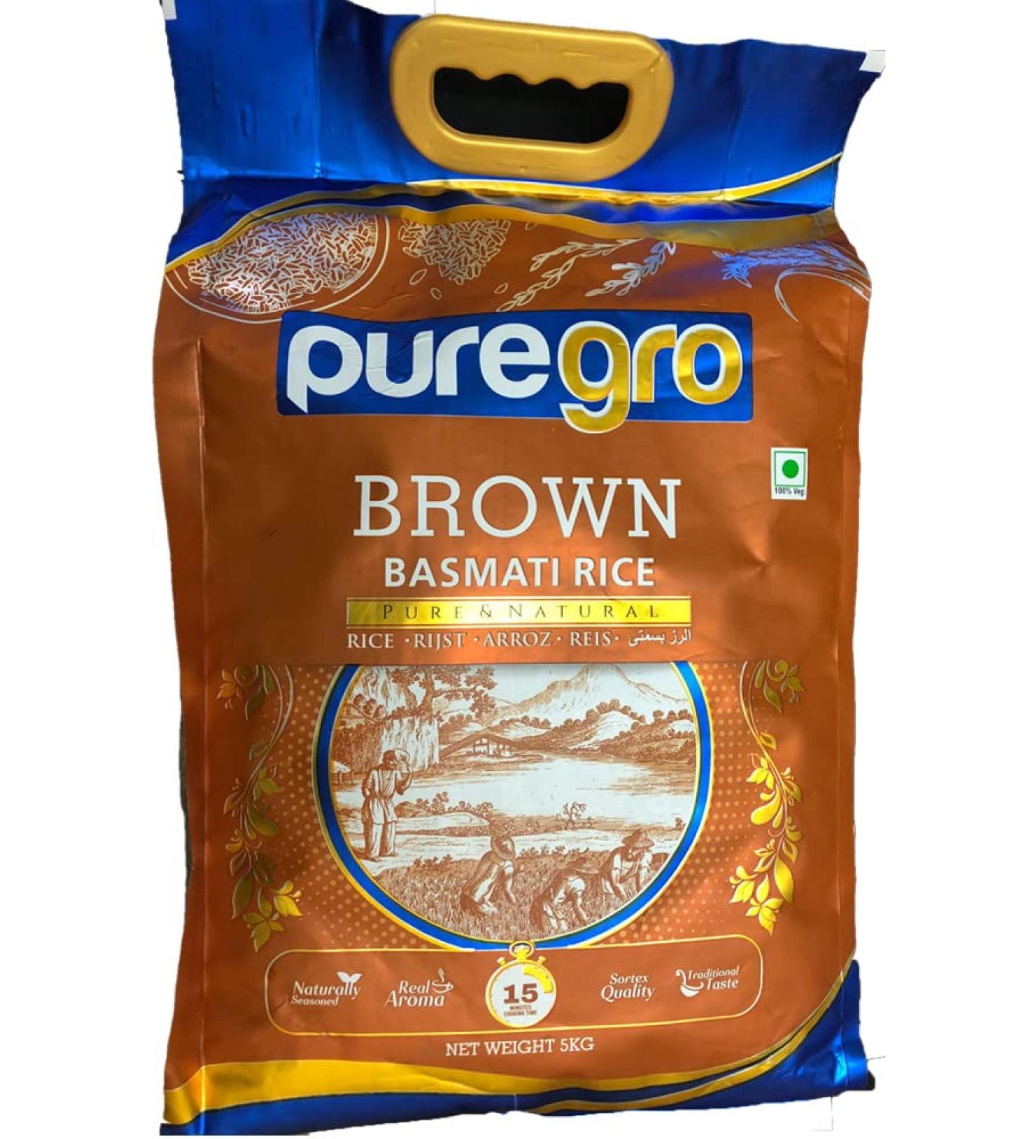 Puregro Brown Basmati Rice 5kg - Natural and Pure | Pack of 1 - Buy Online on GoSupps.com