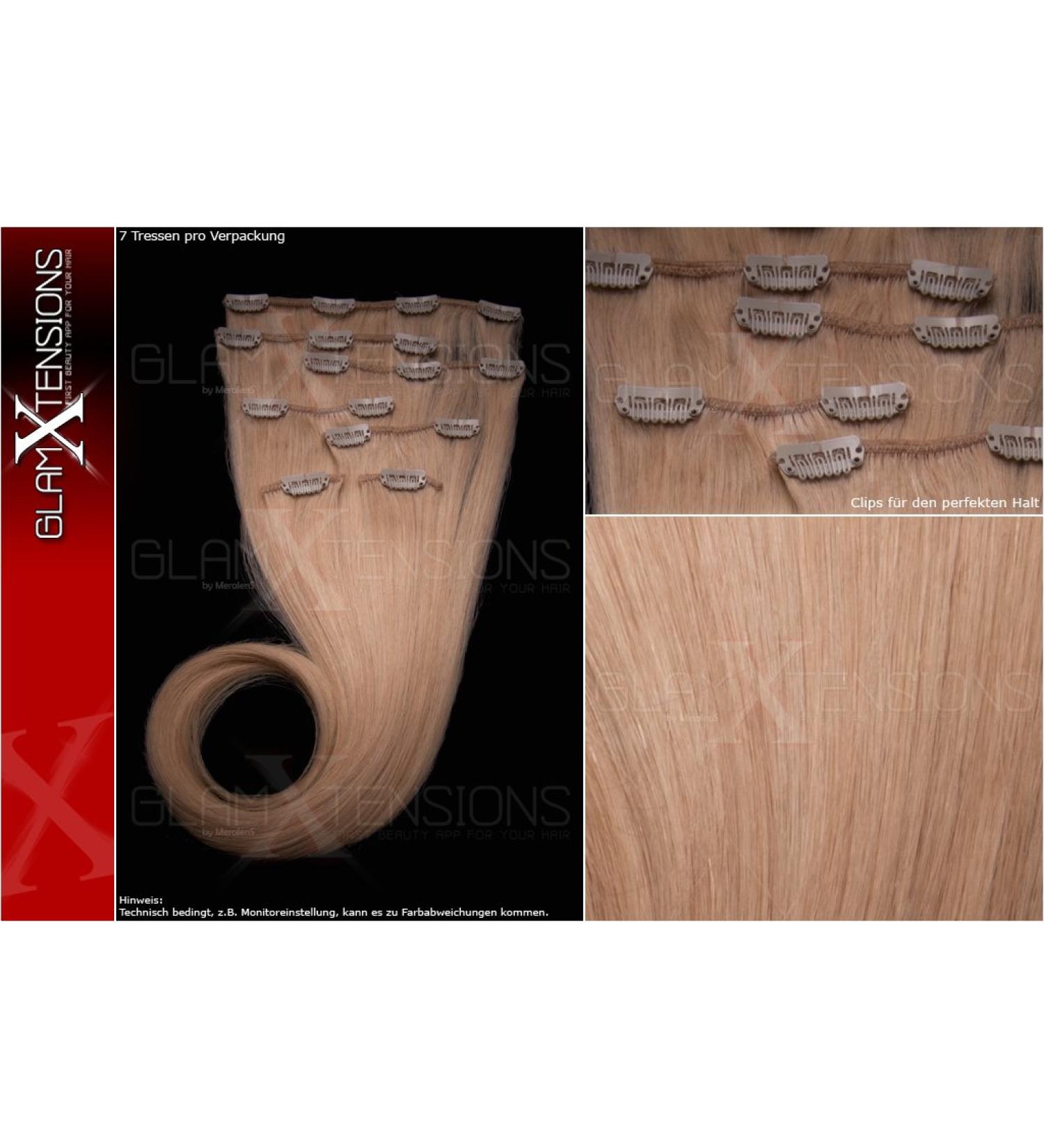 Real hair clip in extensions set 100% Indian remy real hair 7 partly / 7 tresse high-quality hair extension 55cm clip-in hair extension color # 613 bright light blonde blonde