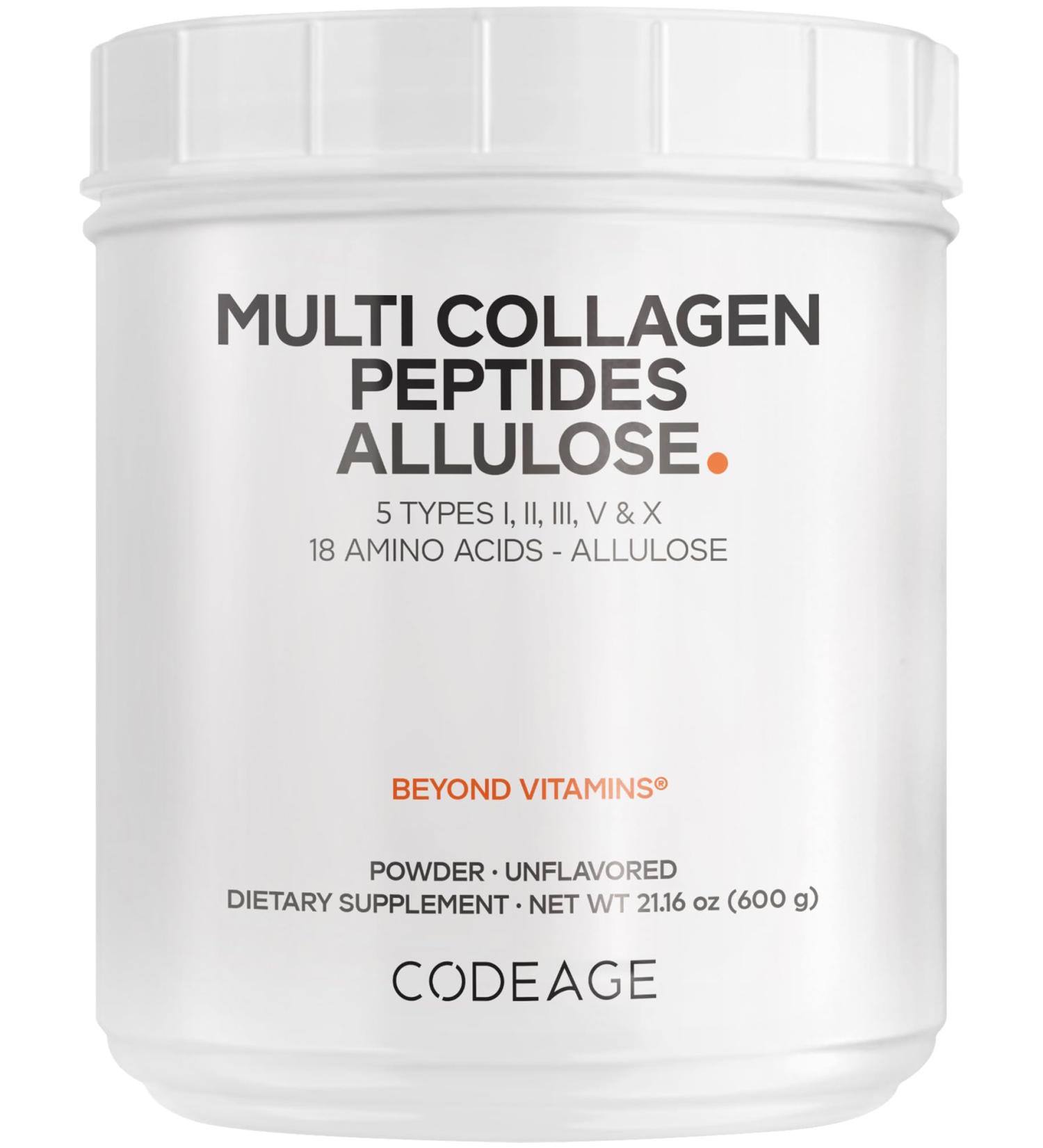 Codeage Multi Collagen Peptides Powder + Allulose - 5 Types - Grass-Fed Collagen - Rare Sugar Allulose Supplement - 0 Calorie Sweetener & 0 Carbs - 18 Amino Acids - Unflavored - Non-GMO - 30 Servings - Buy Online on GoSupps.com