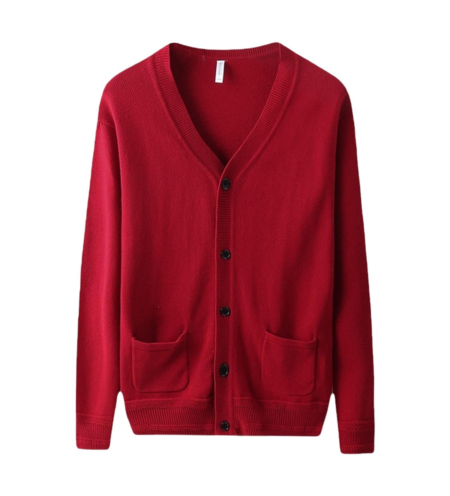 Men's Red Long-Sleeve Cardigan Sweater - Regular Fit & Soft Knitted Top with V Neck & Pockets - Buy Online on GoSupps.com