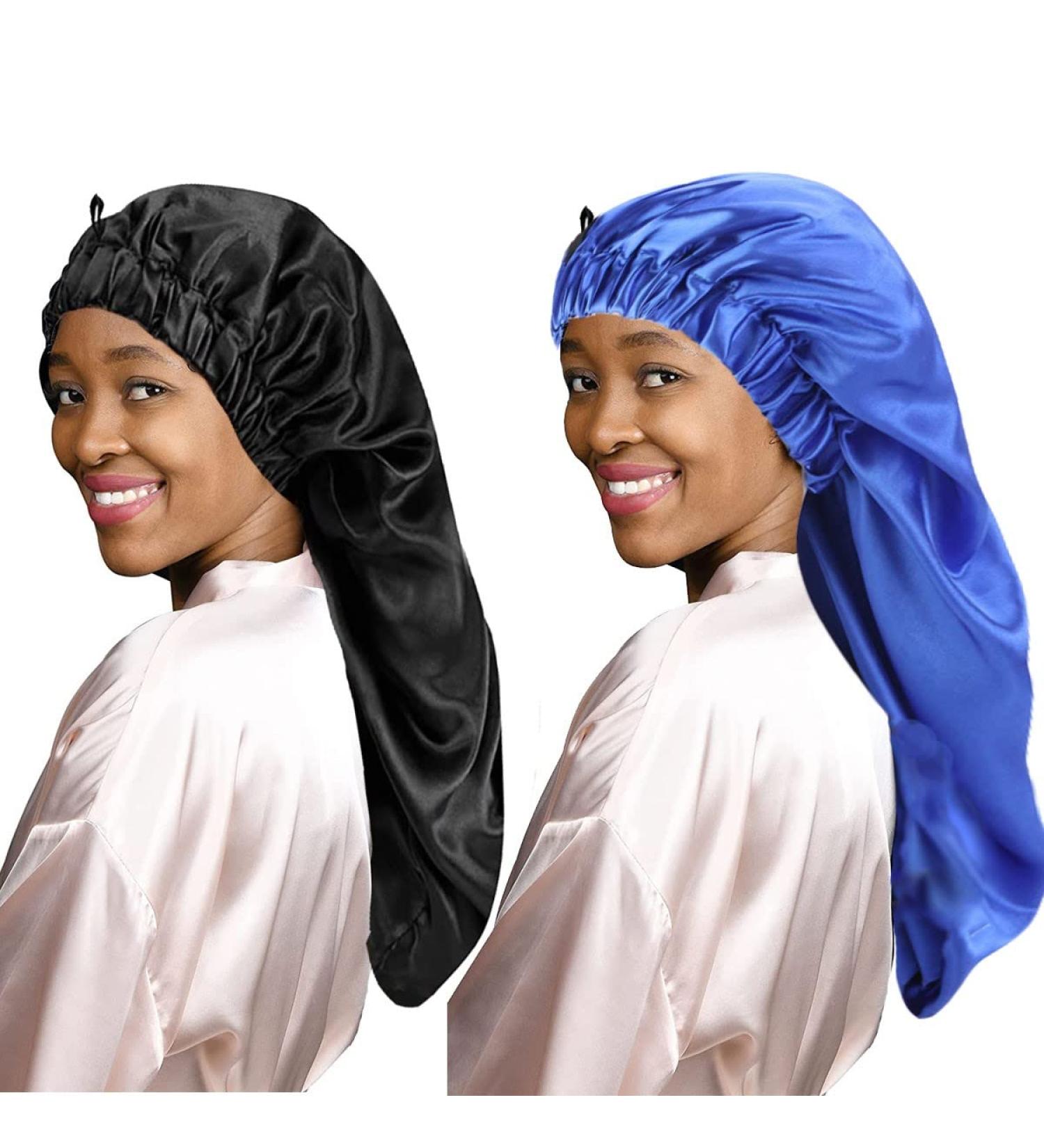 Ladaypoa Long Satin Hair Hood - 2 Pieces Women's Extra Large Silky Sleeping Cap - Black & Blue | Ideal for Hair Protection & Overnight Comfort - Buy Online on GoSupps.com