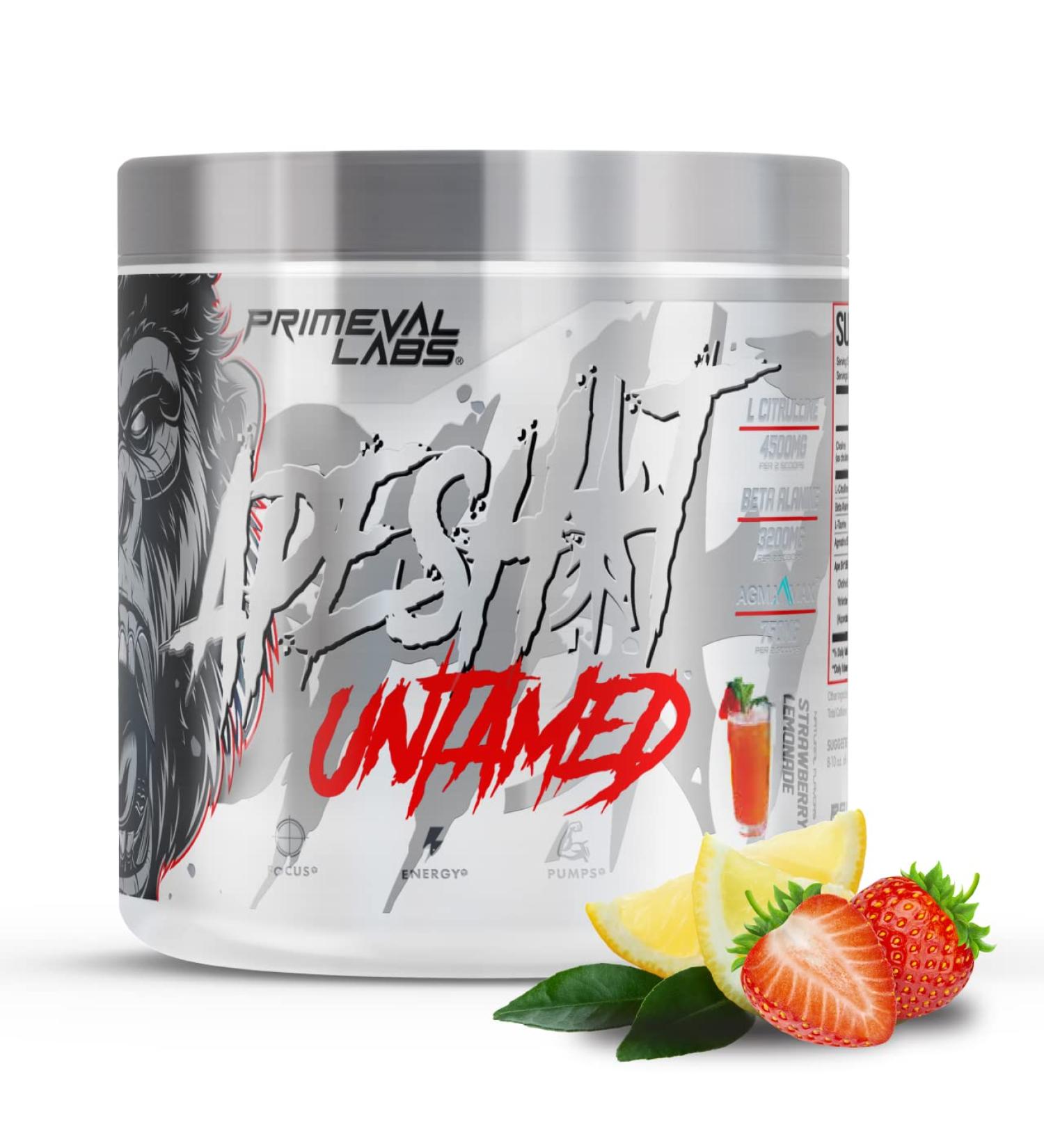 Primeval Labs Ape Untamed Pre Workout Energy Drink Powder - Strawberry Lemonade | Pump & Focus Support | Nitric Oxide Boost with L-Citrulline & Beta Alanine | 40 Servings - Buy Online on GoSupps.com