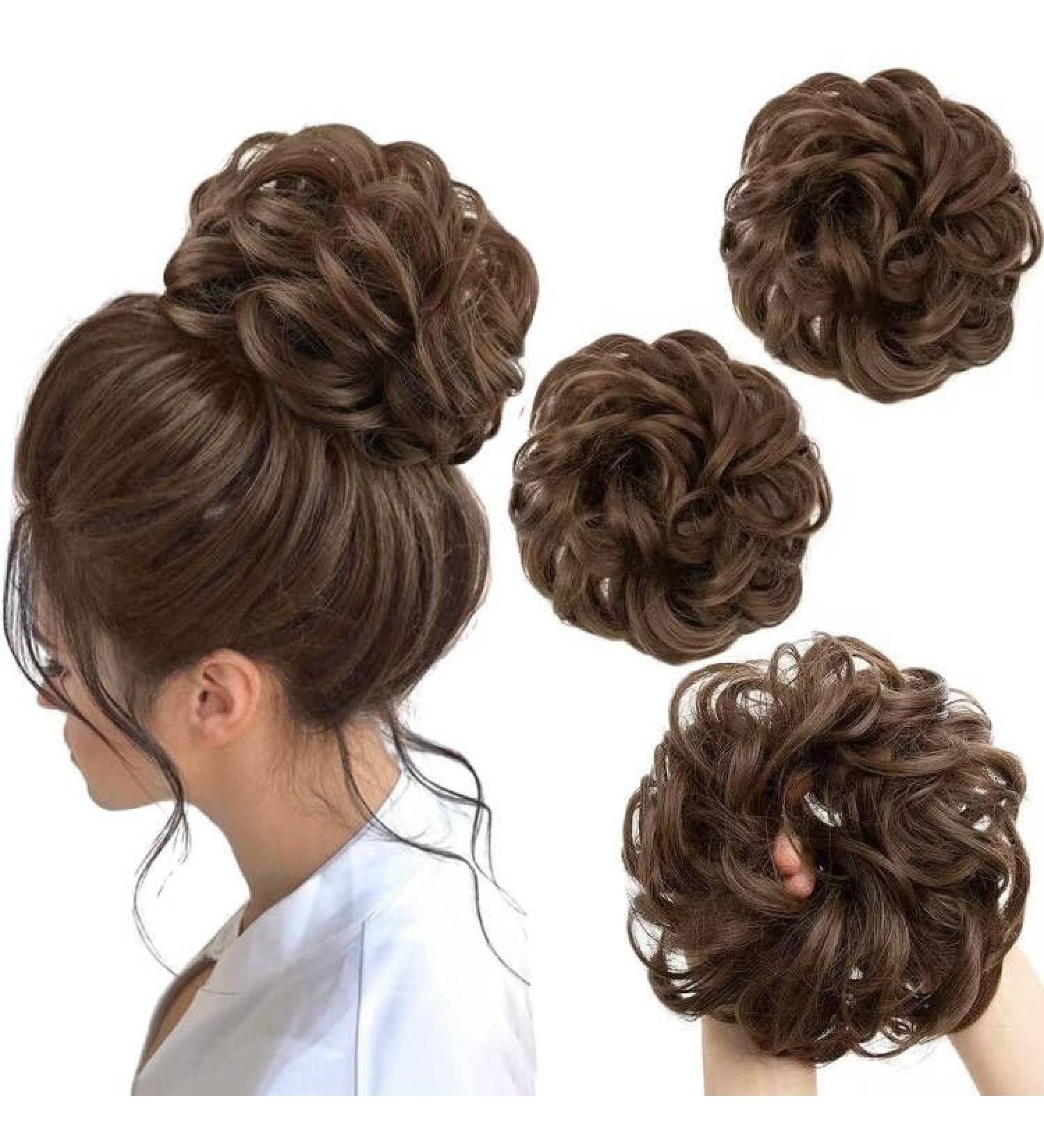 Porsmeer 2-Piece Brown Messy Hair Bun Extensions - Curly Wavy Updo Scrunchies for Women & Girls | Large Synthetic Chignons - Buy Online on GoSupps.com