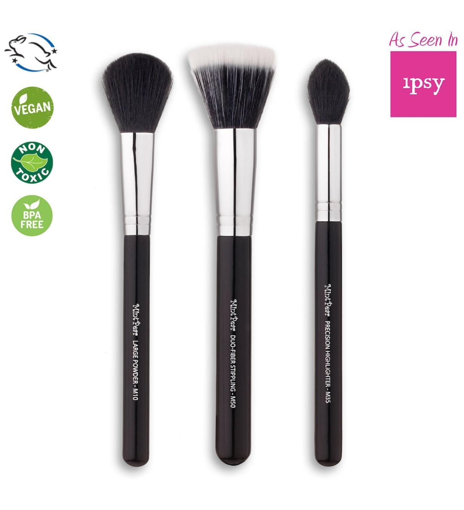 Foundation Brushes Best Cosmetic Tools For Blending Bronzer Liquid & Concealer From MintPear- Copper Ferrule Hardwood Handle & Soft Dense Vegan Bristles. (Trio Brush Set) Trio Brush Set Black