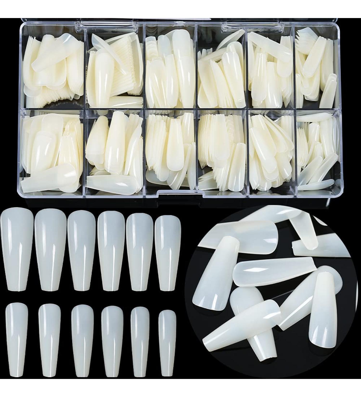 Long Coffin Board Fake Nails - Natural Color 504 Pieces Full Cover Acrylic Nails for DIY Ladies Nail Salon - Ballerina Shape, 10 Sizes - Buy Online on GoSupps.com