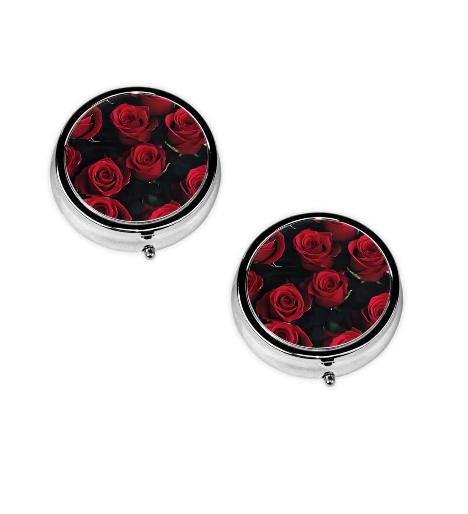 Red and Black Rose Round Pill Box - 3 Compartment Portable Travel Medicine Organizer for Vitamins & Tablets - Buy Online on GoSupps.com