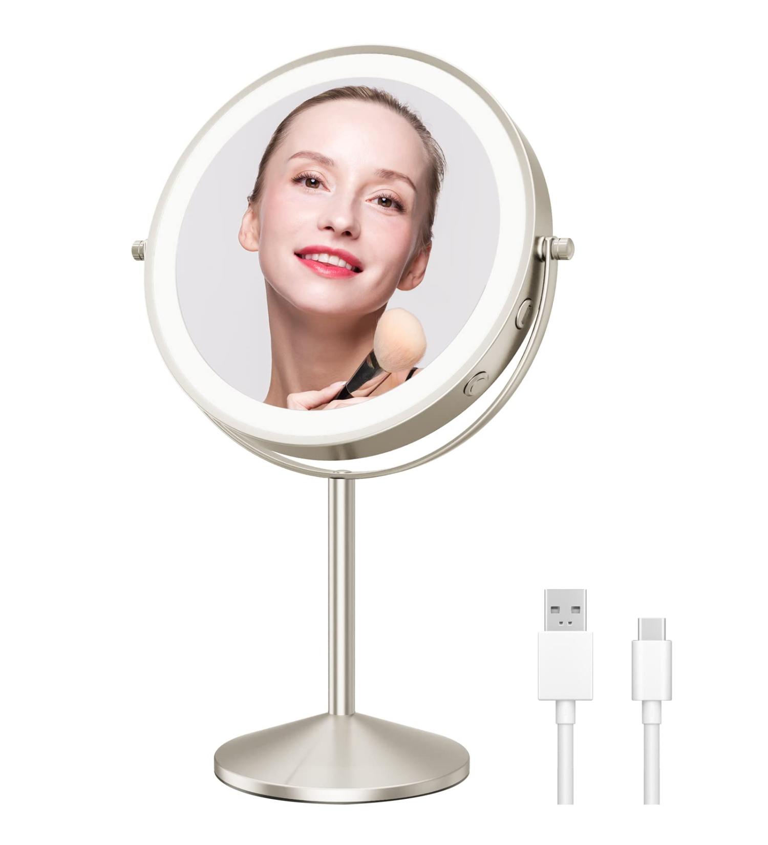 LOMRECS 8 Inch Rechargeable Lighted Makeup Mirror with 1X/10X Magnification and Dimmable LED Lights - Double Sided Vanity Mirror with 3 Color Modes - Buy Online on GoSupps.com