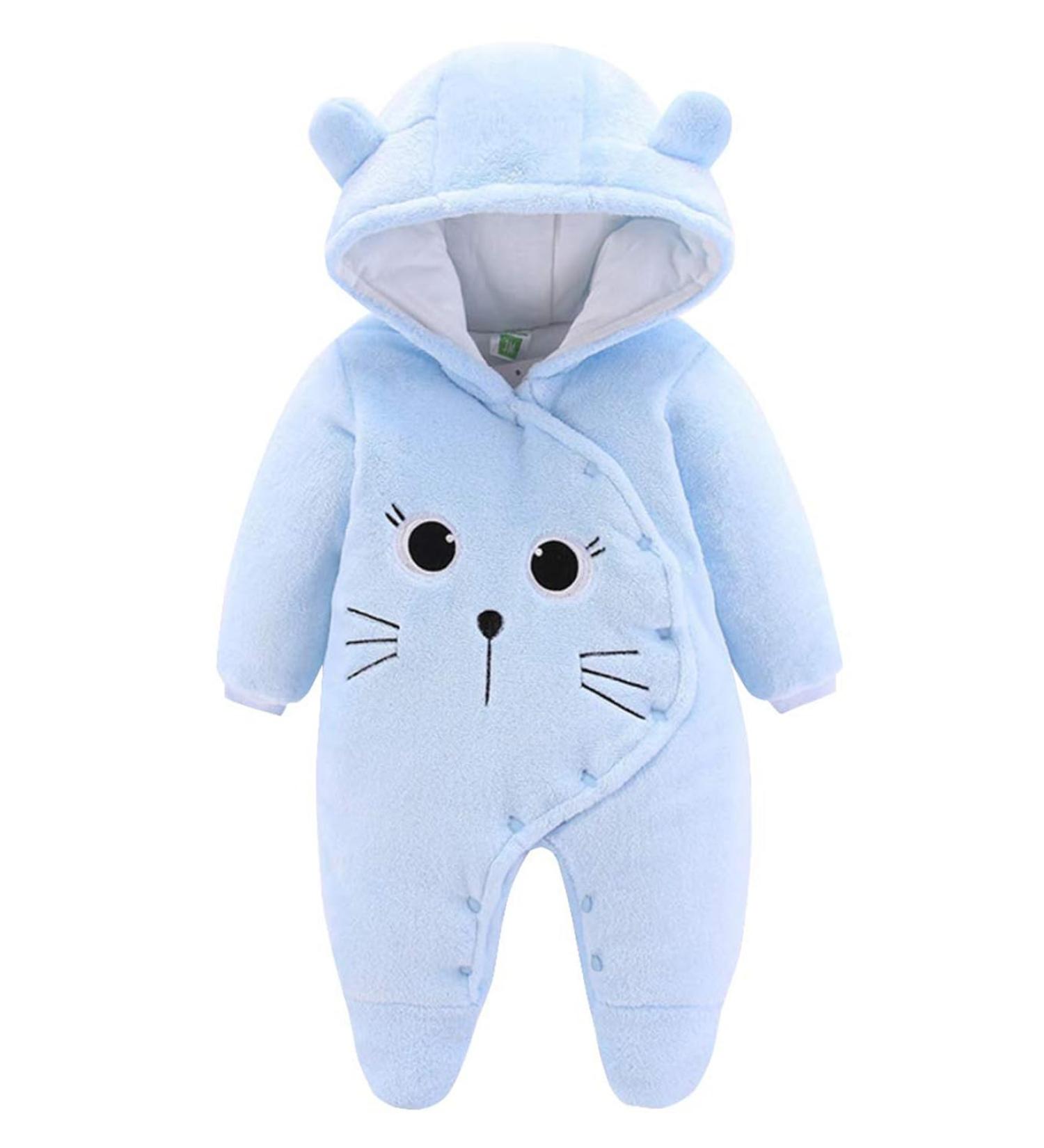 JiAmy Baby Winter Hooded Romper Fleece Snowsuit Jumpsuit - Cartoon Cat Outfit (Blue) | 0-12 Months - Buy Online on GoSupps.com
