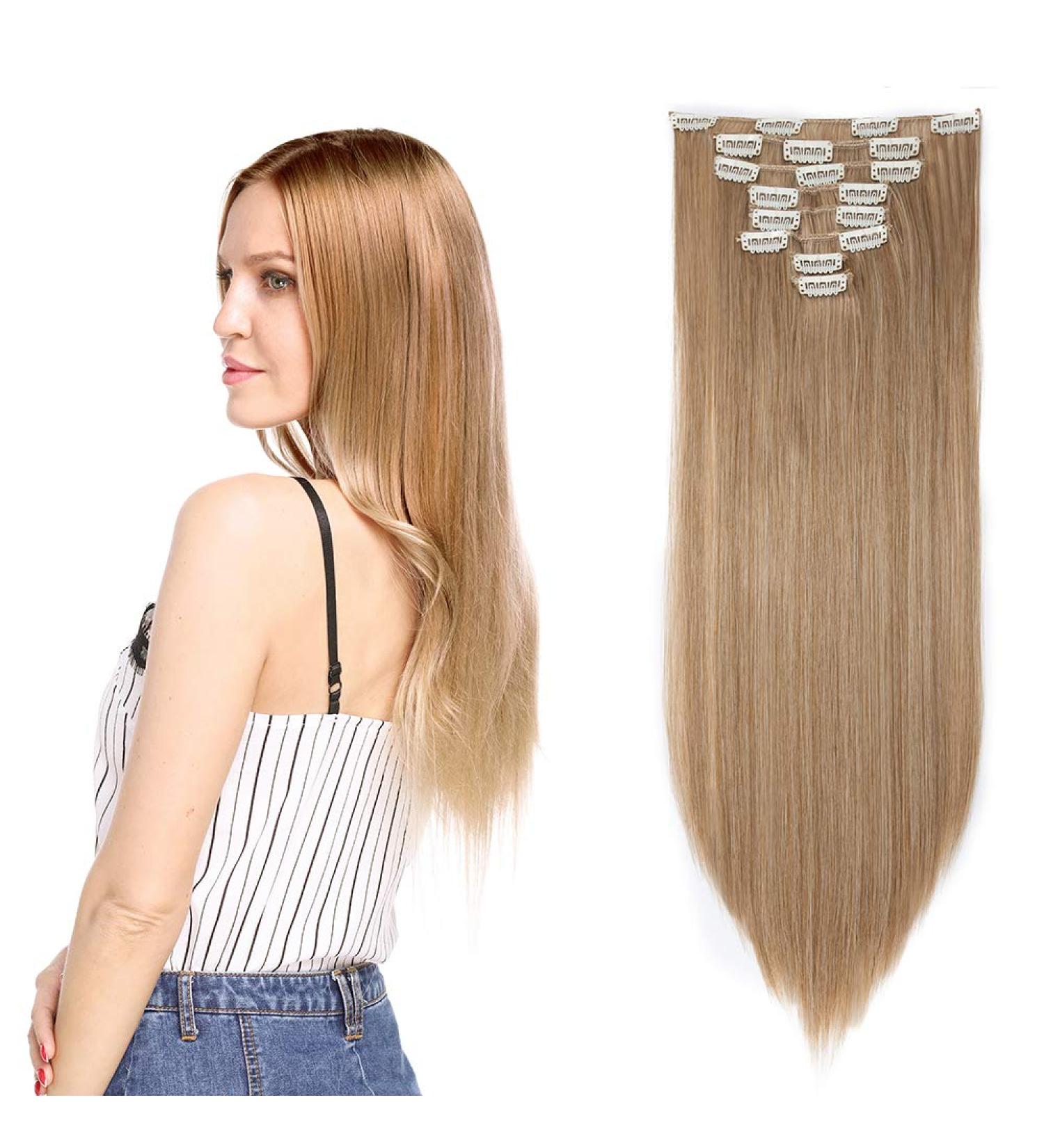 23 Clip In Hair Extensions Set - Heat Resistant, Ash&Bleach Blond - 8 Pcs Full Head - Straight 23 Inch - Buy Online on GoSupps.com