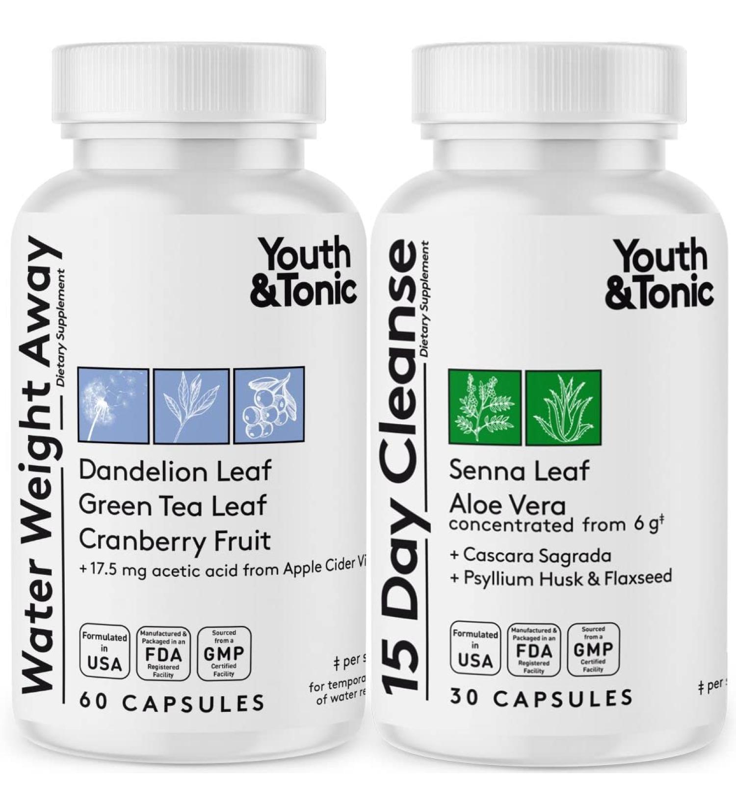 Youth & Tonic Water & Waste Away Pills for Belly Bloating | 2X Diet Support Supplements for a Thin Waistline & Slender Body | Water Weight Away + 15 Day Colon Cleanse | 60 + 30 Capsules - Buy Online on GoSupps.com