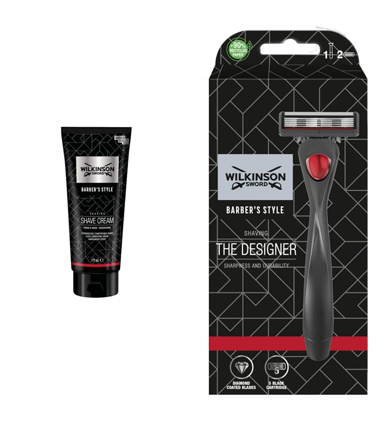Wilkinson Sword Barber's Style Shaving Cream 177ml & Designer Razor Bundle with 2 Replacement Blades - Premium Men's Grooming Tools - Buy Online on GoSupps.com